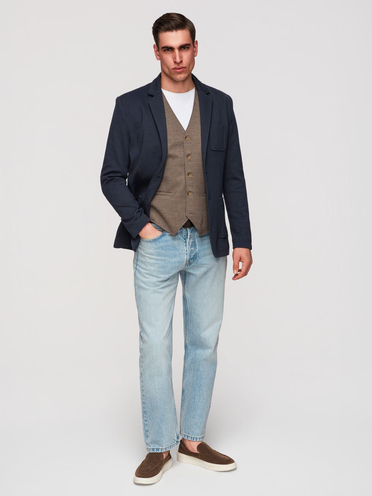 Ombre Men's SLIM knit jacket with subtle texture - navy blue