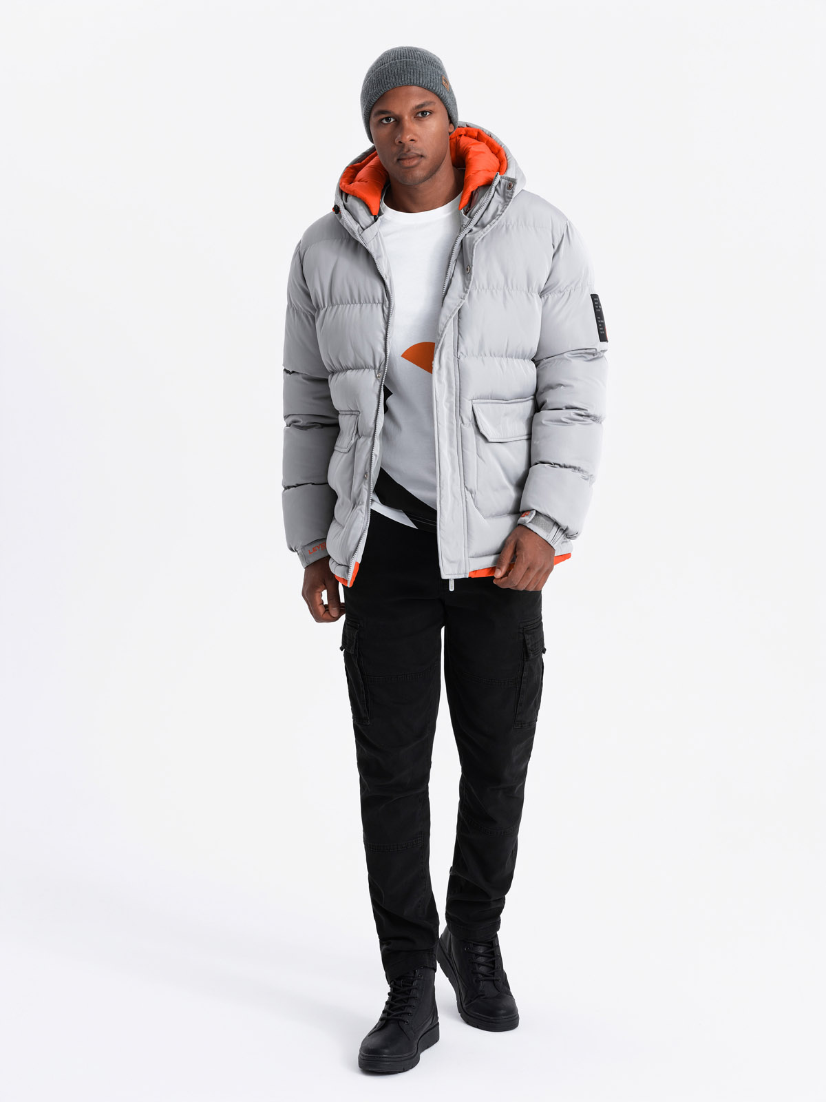 Ombre Men's sports warm jacket with double hood - grey