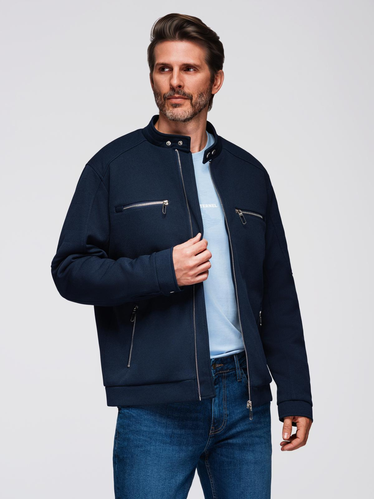 Ombre Men&#039;s biker jacket with collar and pockets - navy blue