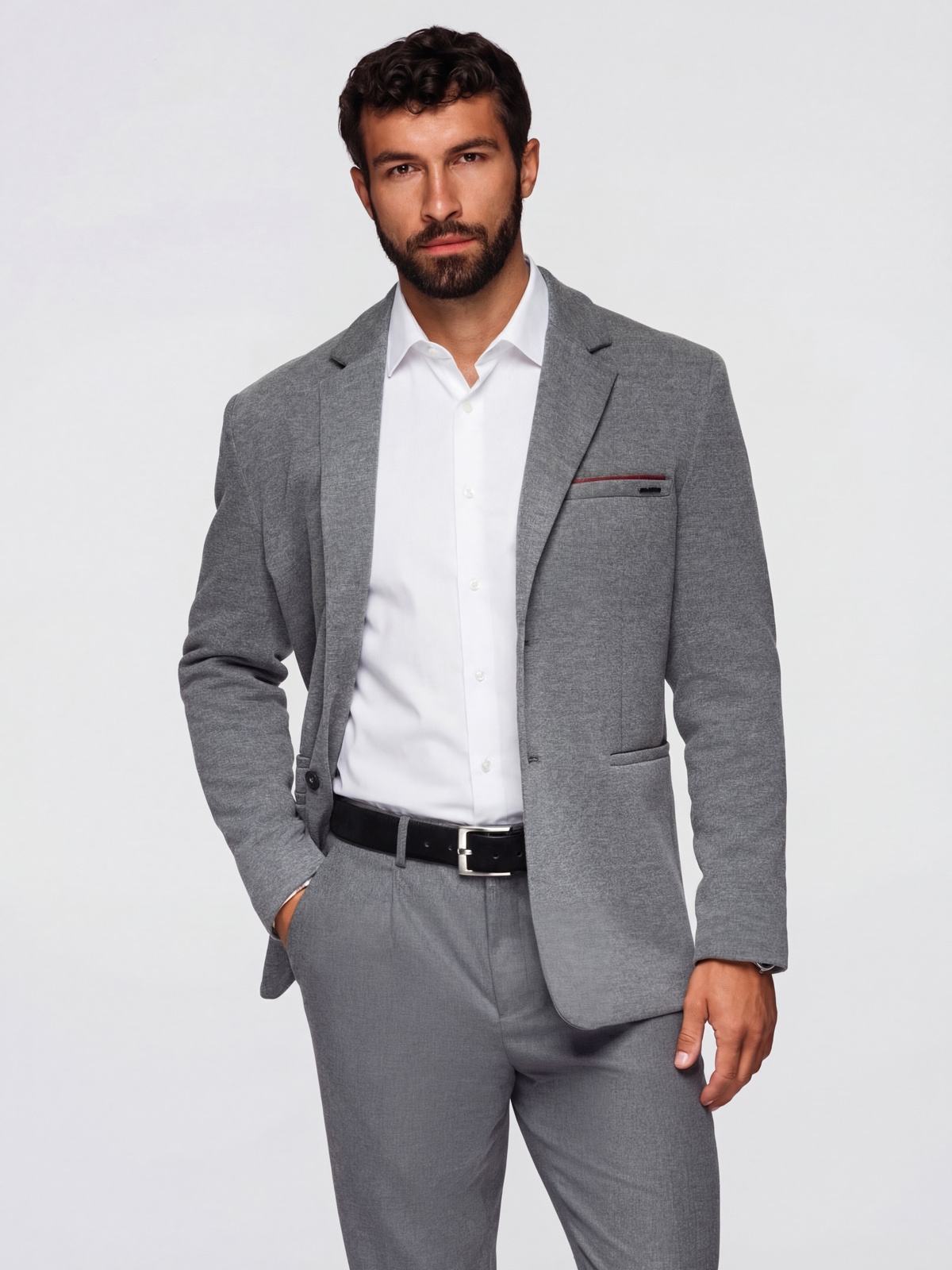 Ombre Men's knitted jacket with a fitted cut - light grey