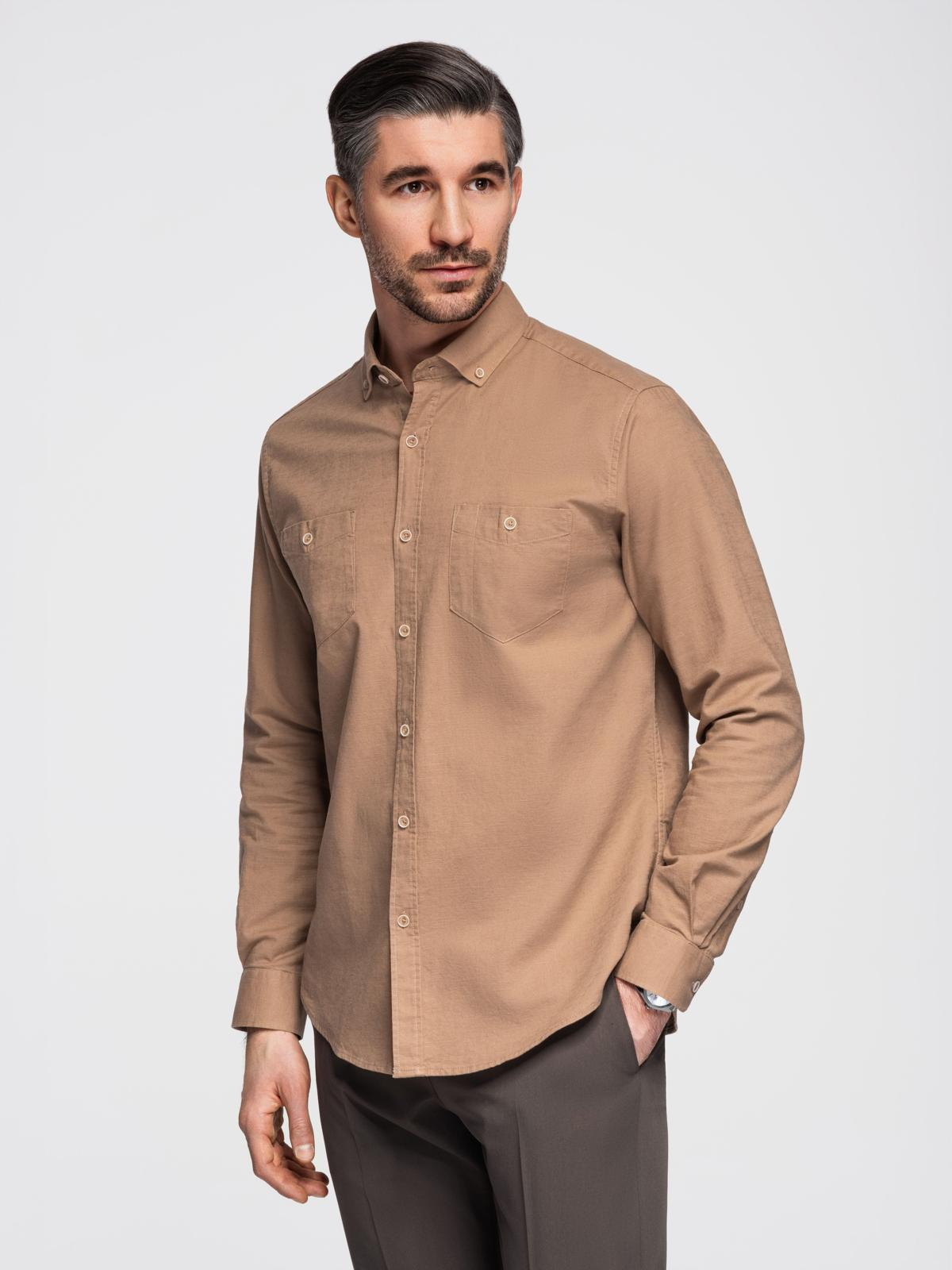 Ombre Men's linen shirt with classic collar and pockets REGULAR FIT - light brown