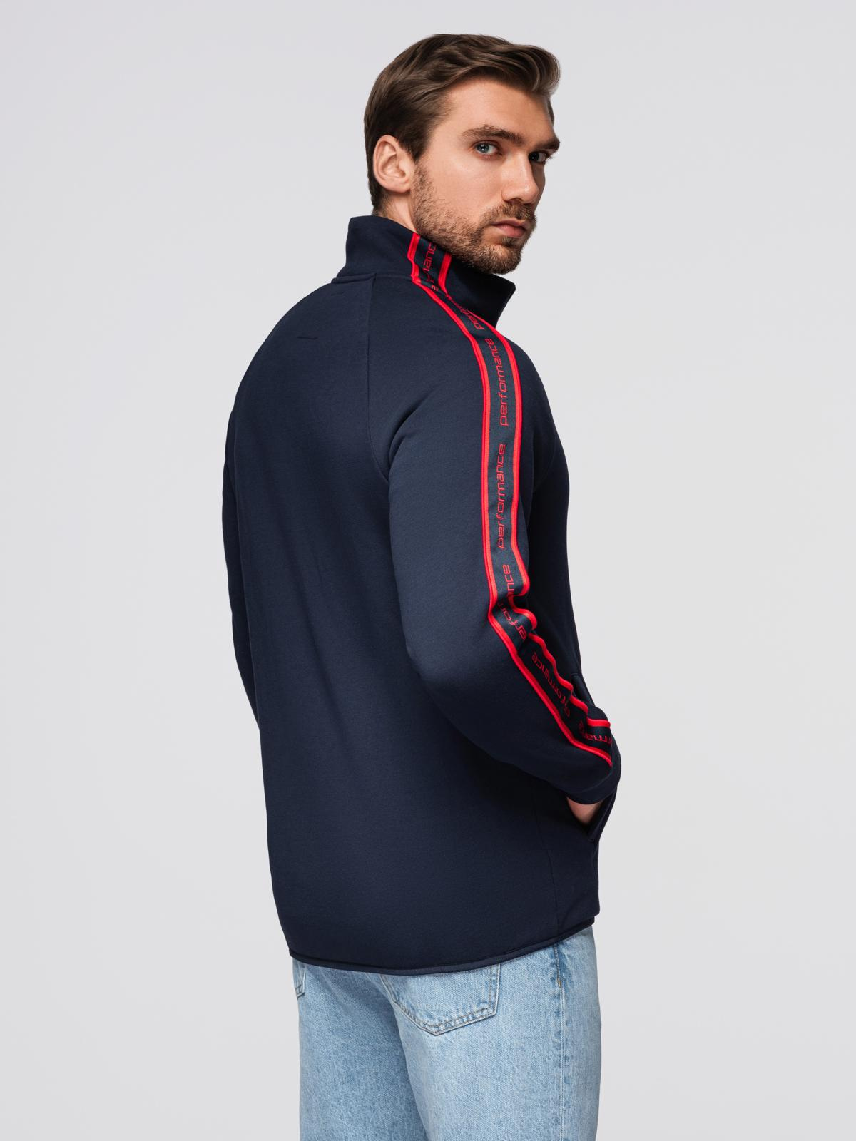 Ombre Men's unbuttoned sweatshirt with piping and high collar - navy blue