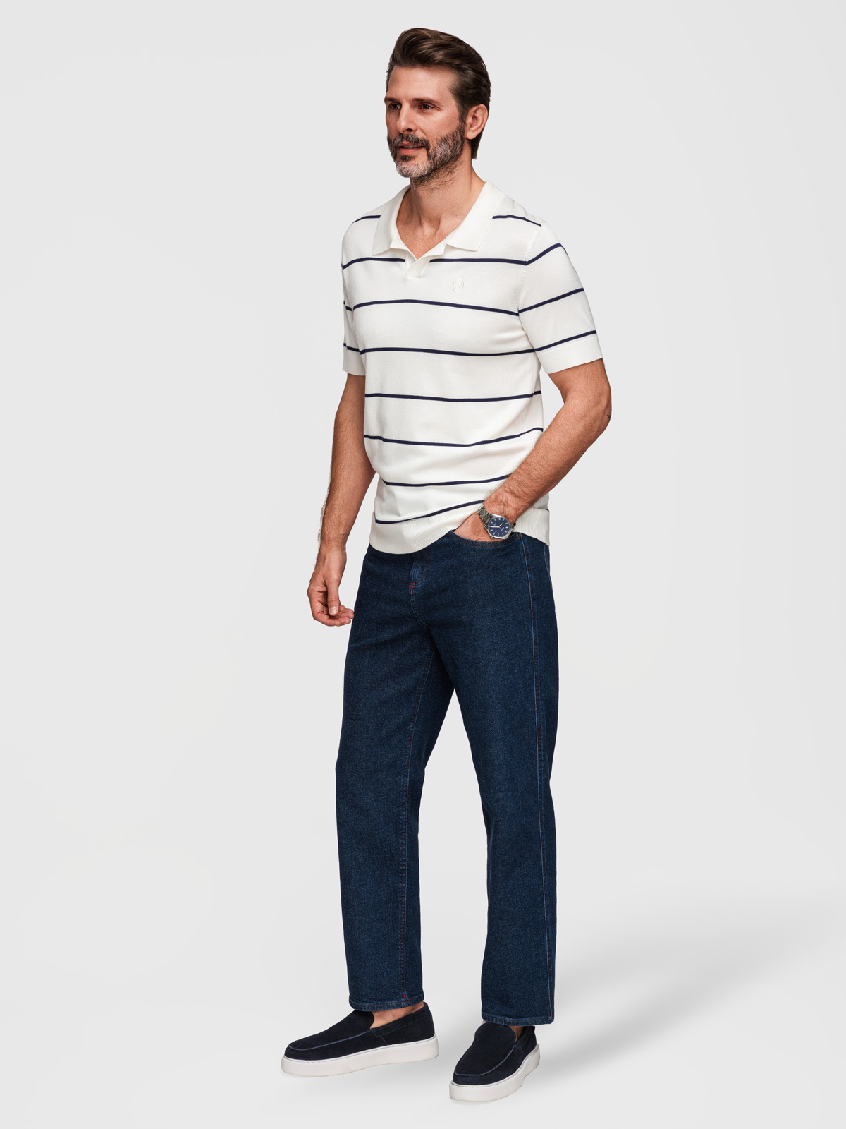 Ombre Men's horizontal striped viscose polo shirt - white and navy