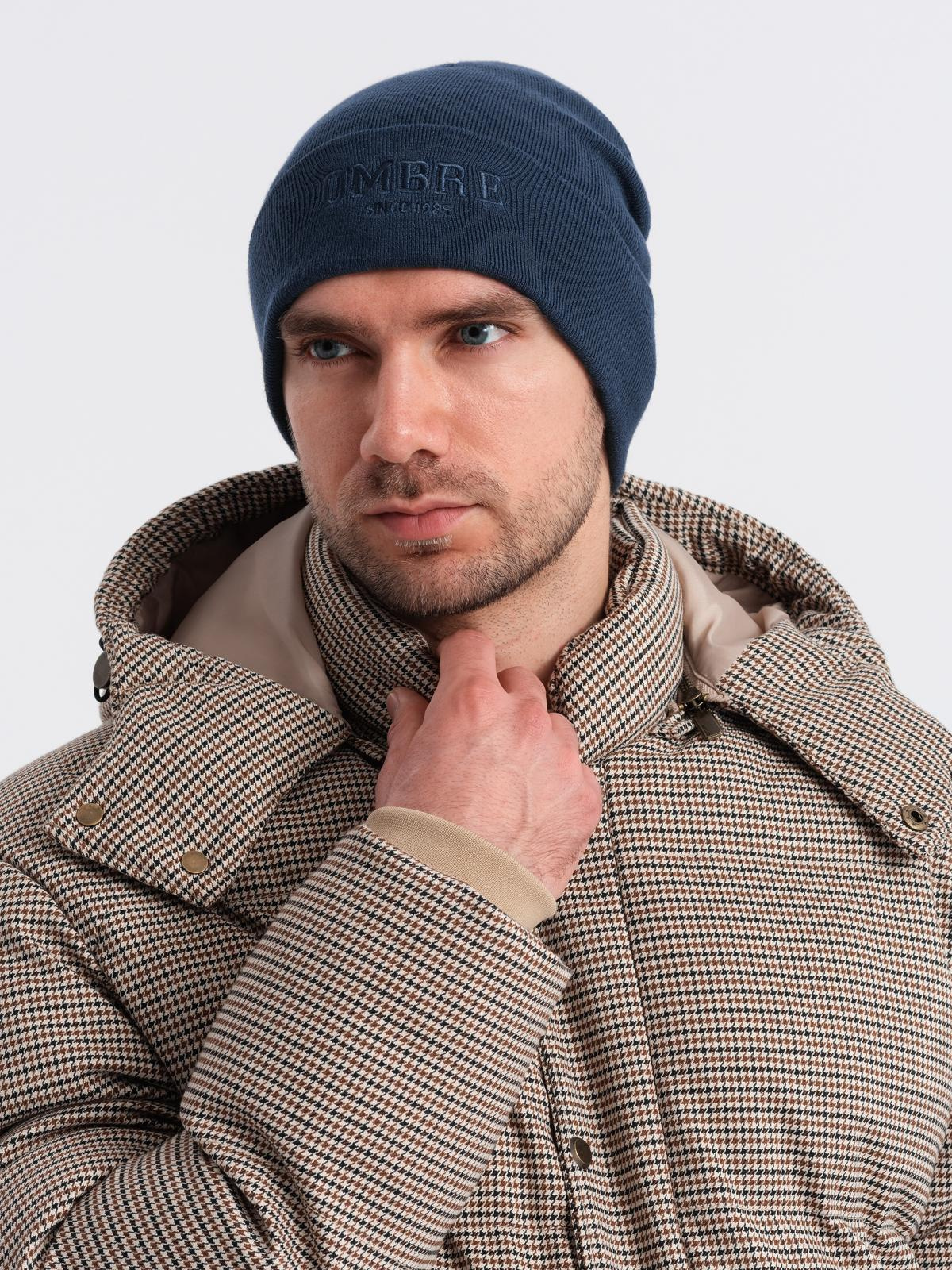 Ombre Men's knitted beanie hat with embroidered inscription - navy blue