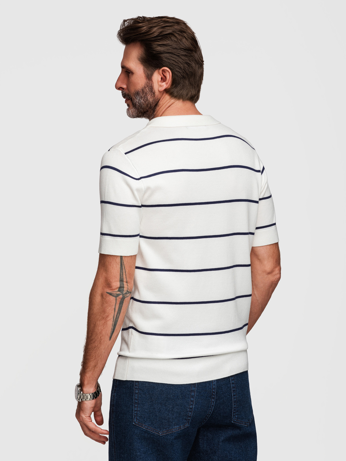 Ombre Men's horizontal striped viscose polo shirt - white and navy