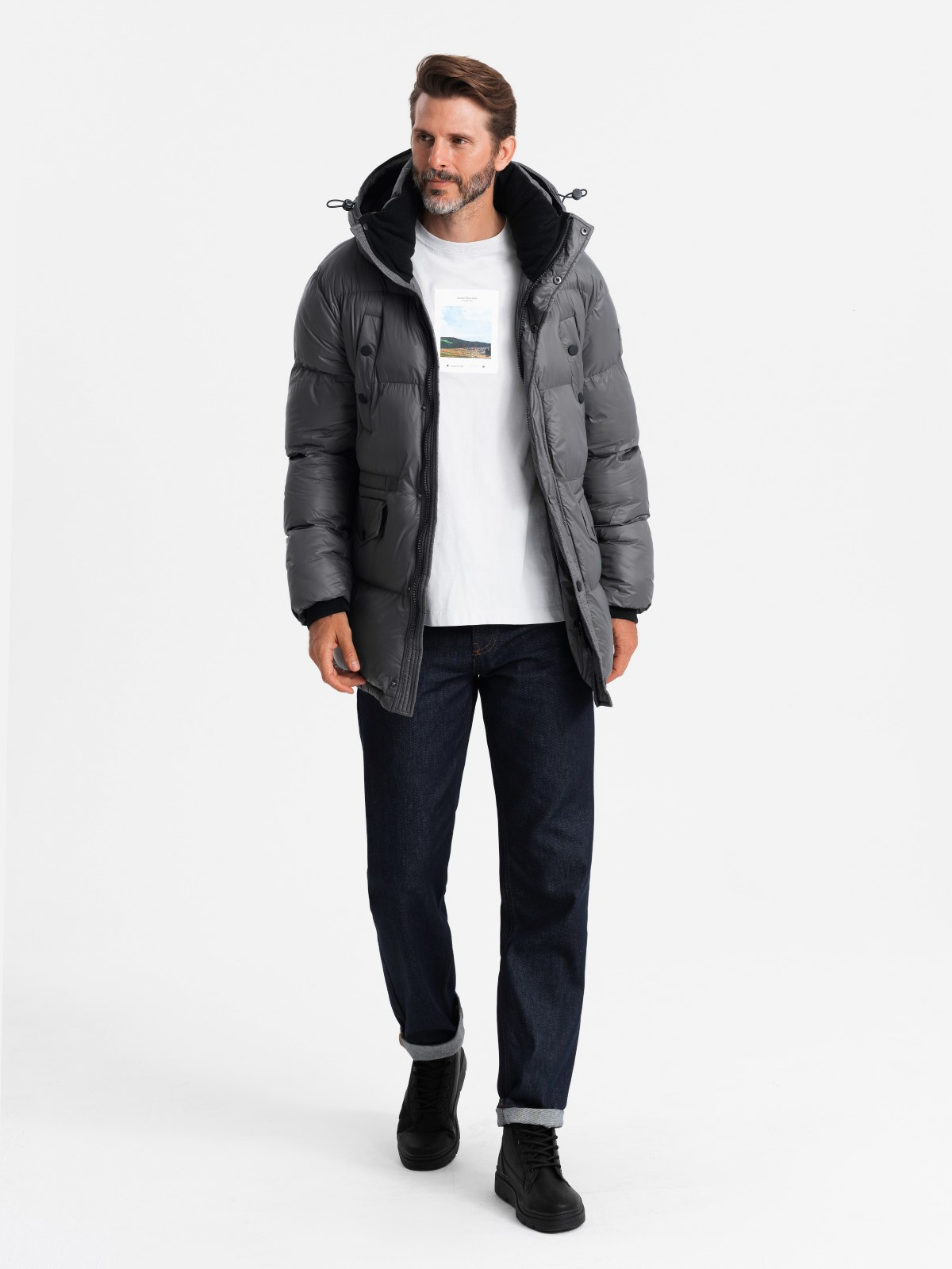 Ombre Men&#039;s long puffer jacket with snap pockets - graphite