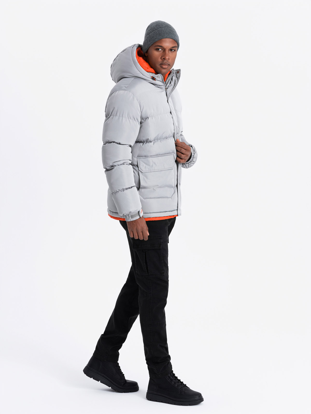 Ombre Men's sports warm jacket with double hood - grey