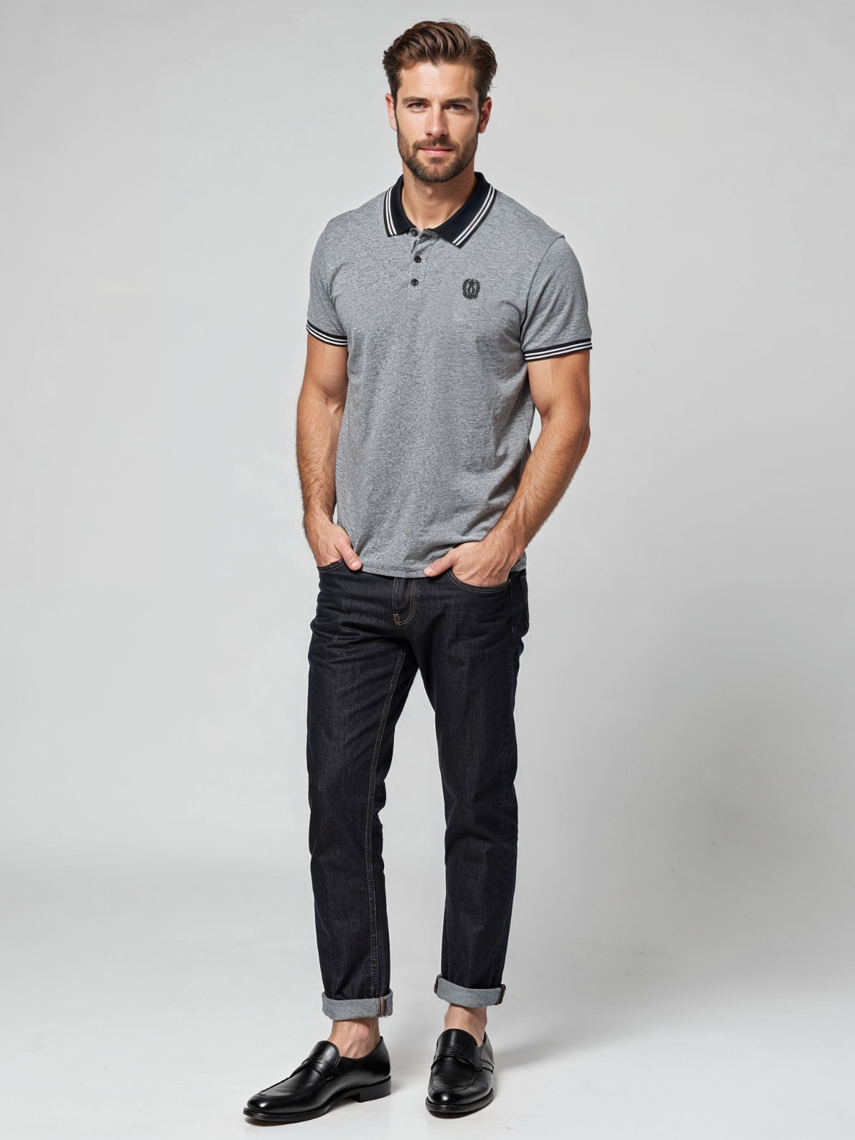 Ombre Men's melange polo shirt with striped collar - black