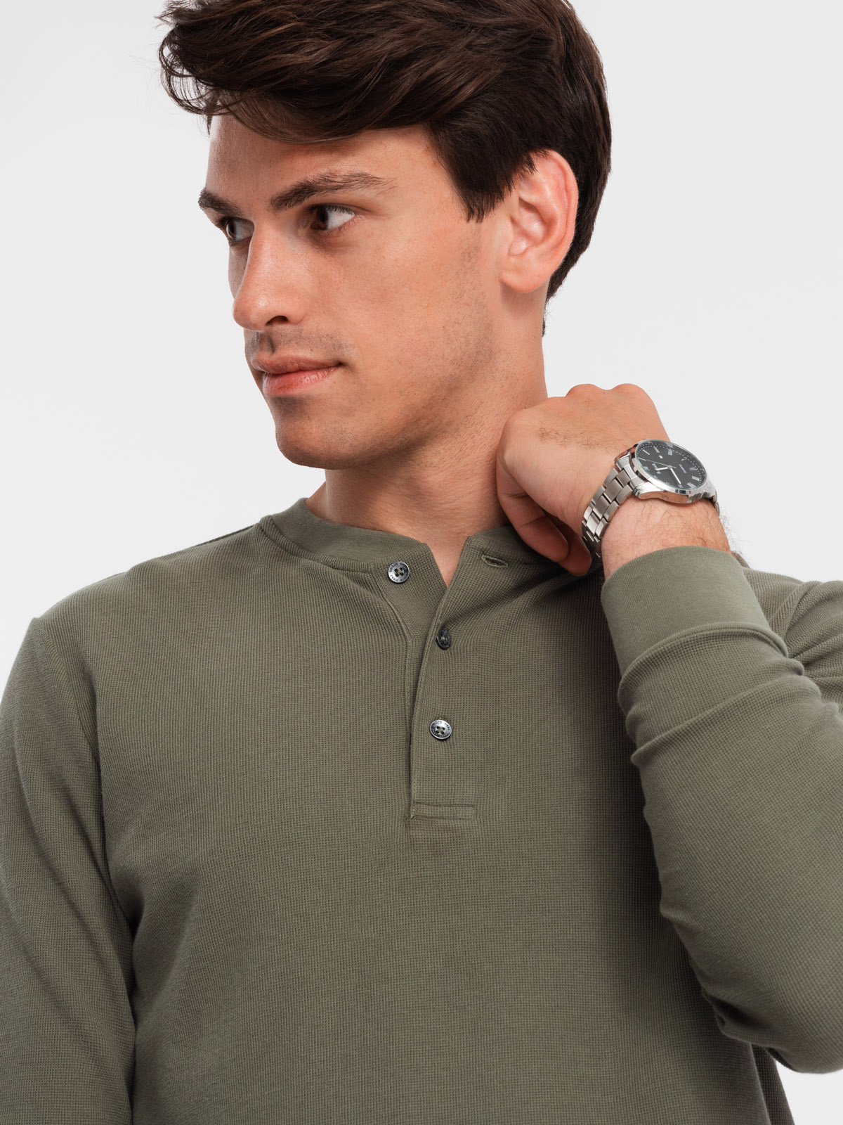 Ombre Button-up neck men's waffle knit longsleeve - olive