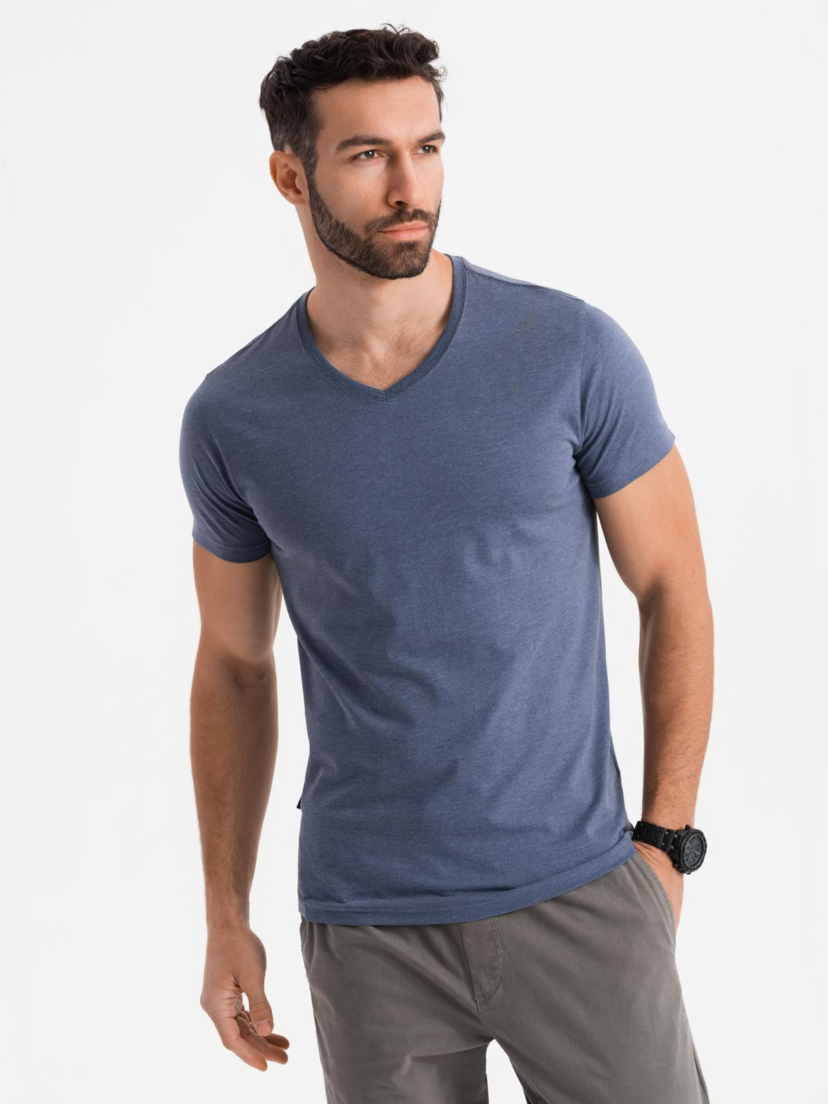 Ombre Men's BASIC classic cotton T-shirt with a serape neckline - blue melange