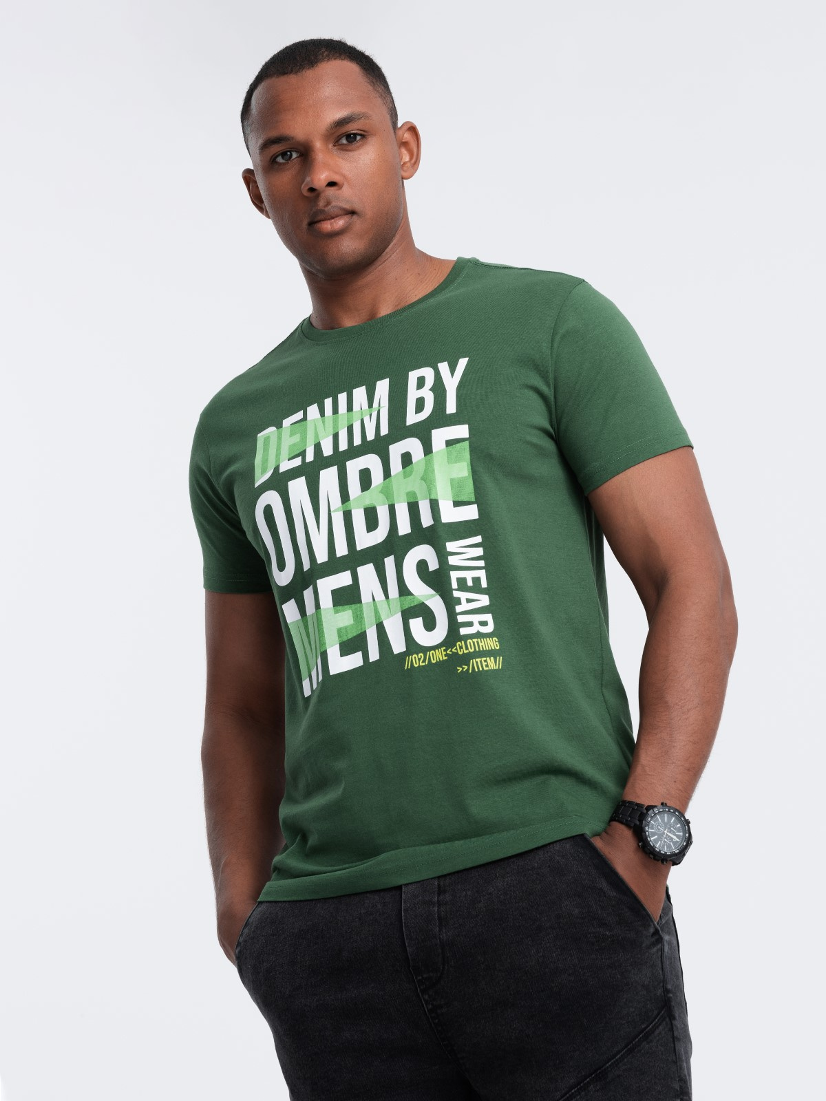 Ombre Men&#039;s cotton t-shirt with large inscription - green