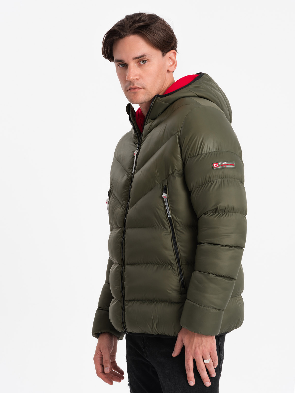 Ombre Men's quilted winter jacket with combined materials - dark olive green