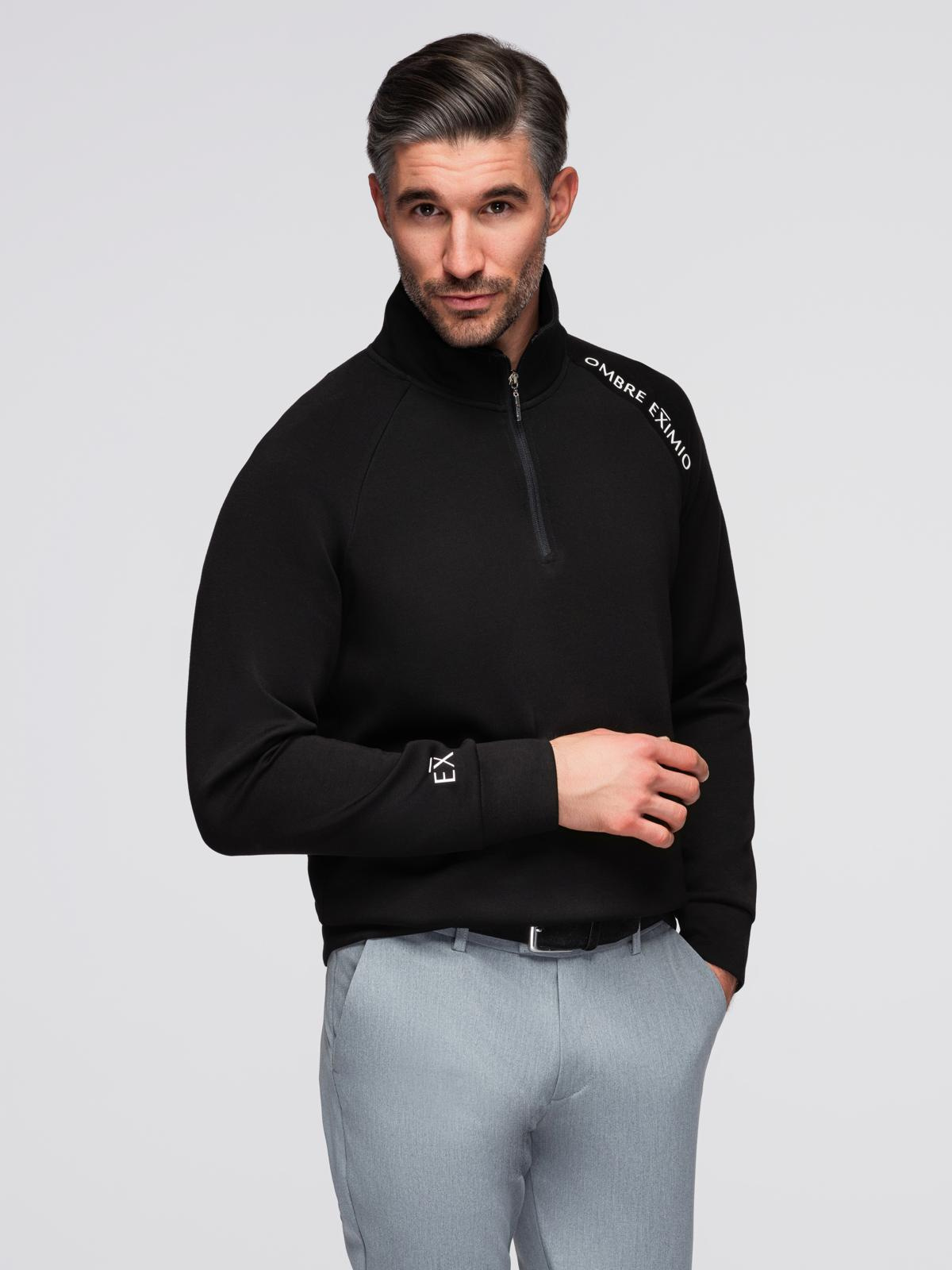 Ombre Men's sweatshirt with unbuttoned high collar and contrasting print - black