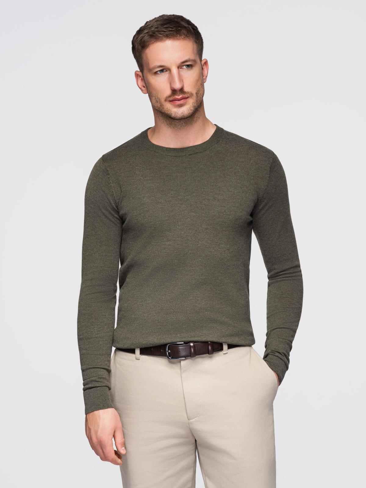 Ombre Men&#039;s BASIC viscose classic sweater with round neckline - olive melange