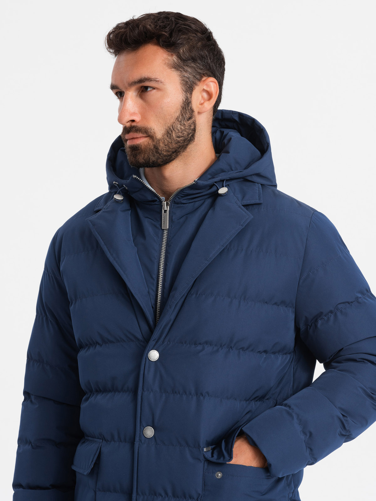 Ombre Men&#039;s long quilted jacket with lapels and lining - dark blue
