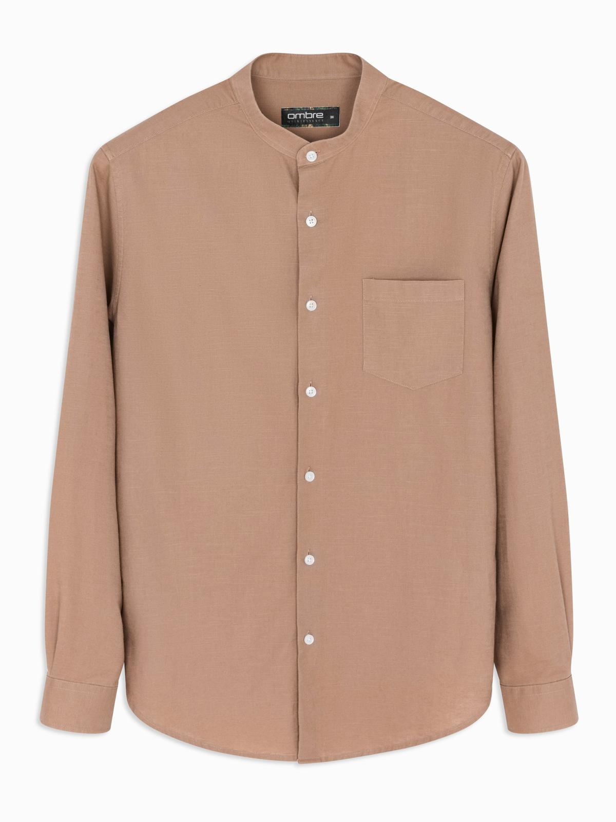 Ombre Men's linen shirt with stand-up collar and pocket REGULAR FIT - light brown