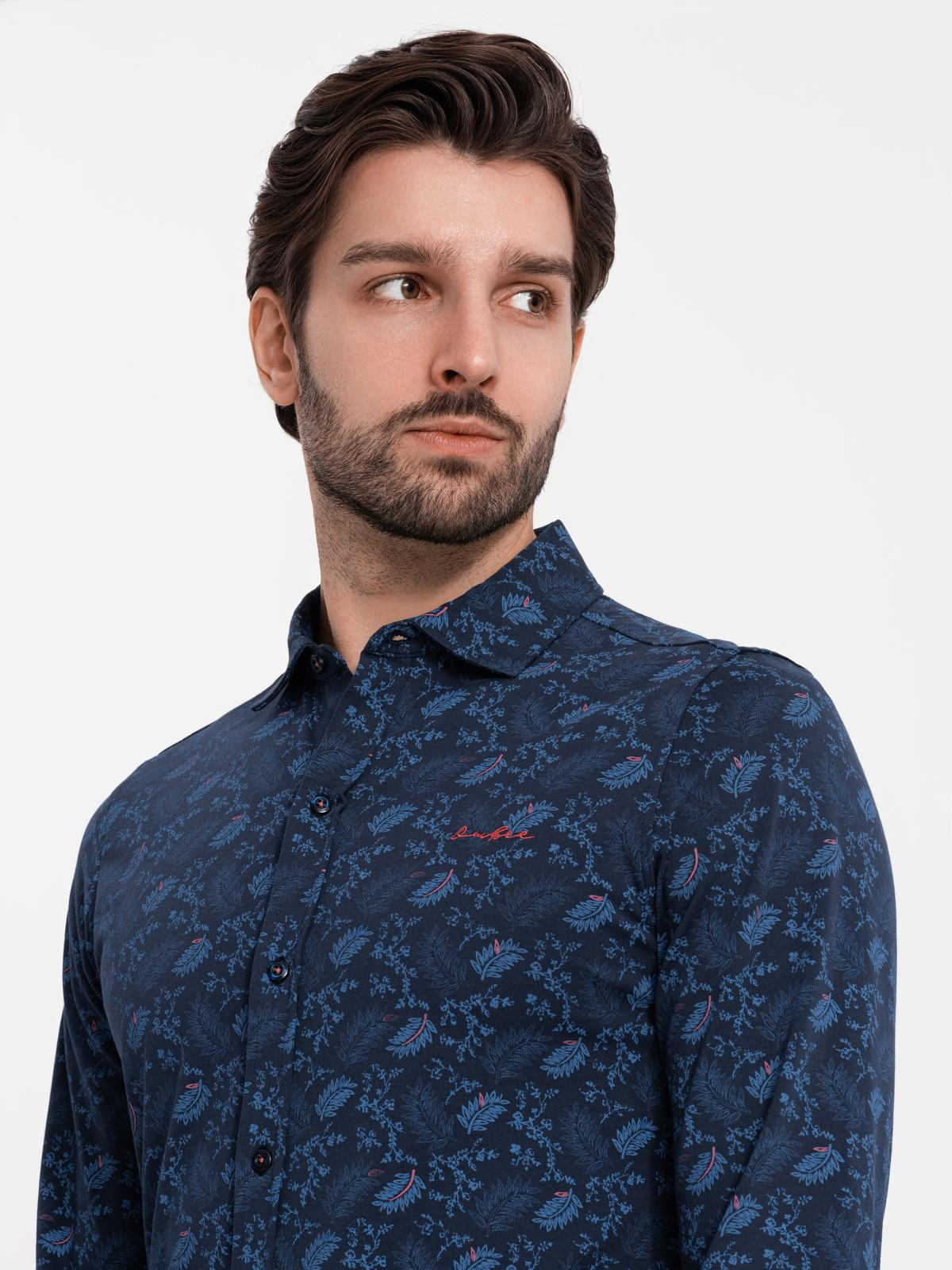 Ombre Men&#039;s cotton shirt with floral motif - navy blue