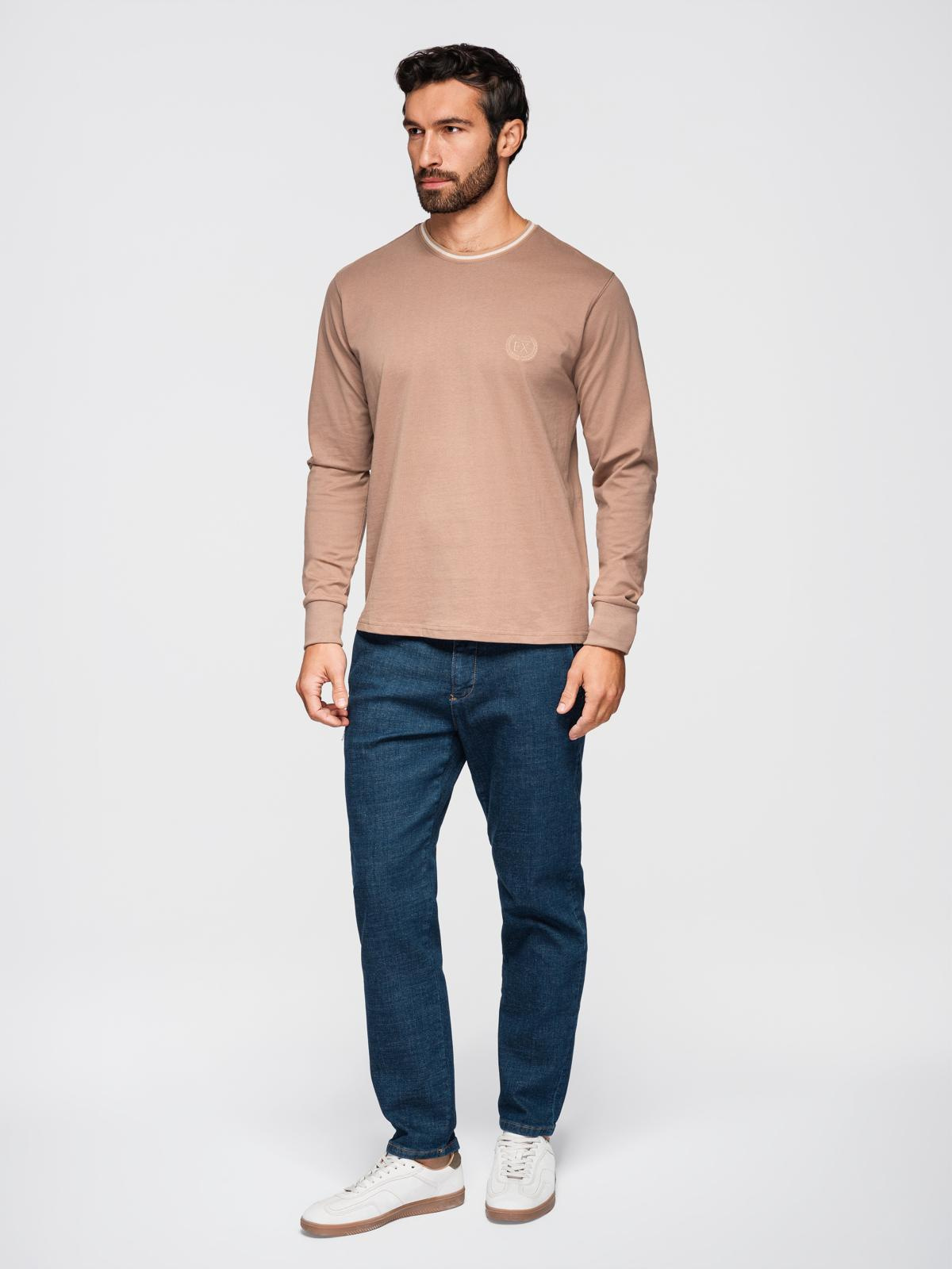 Ombre Men's cotton longsleeve with striped U neckline and embroidery - brown