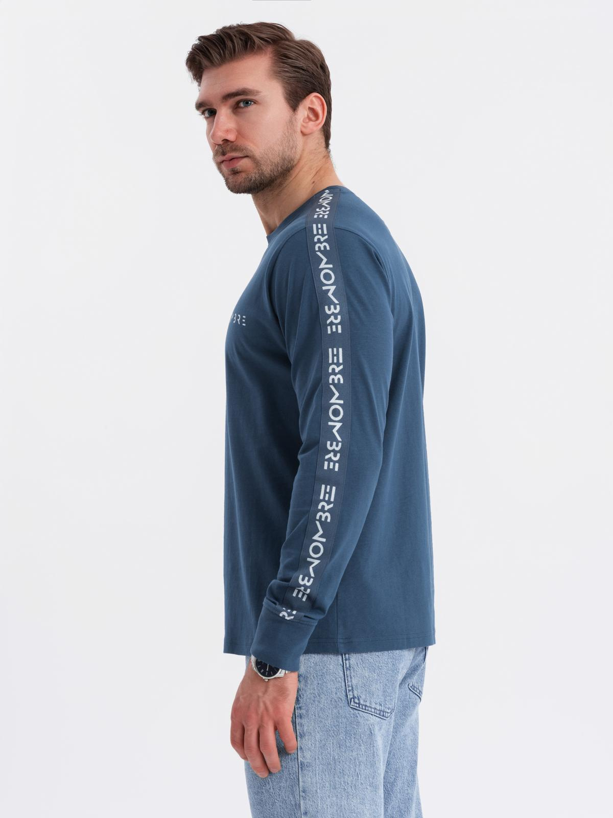 Ombre Men's cotton U-neck longsleeve with piping and chest print - dark blue