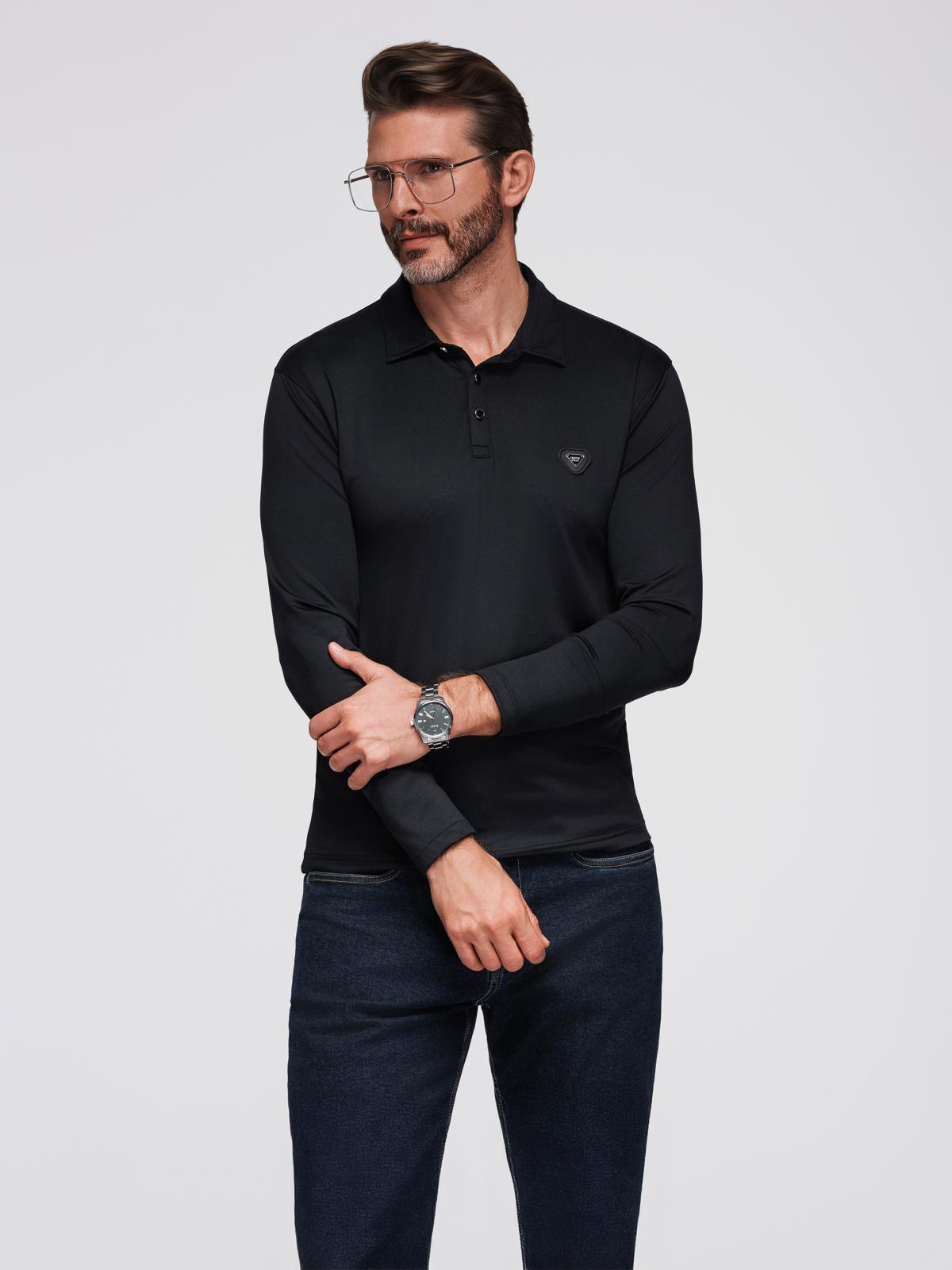 Ombre Polo long sleeve shirt with elegant branded buttons - black