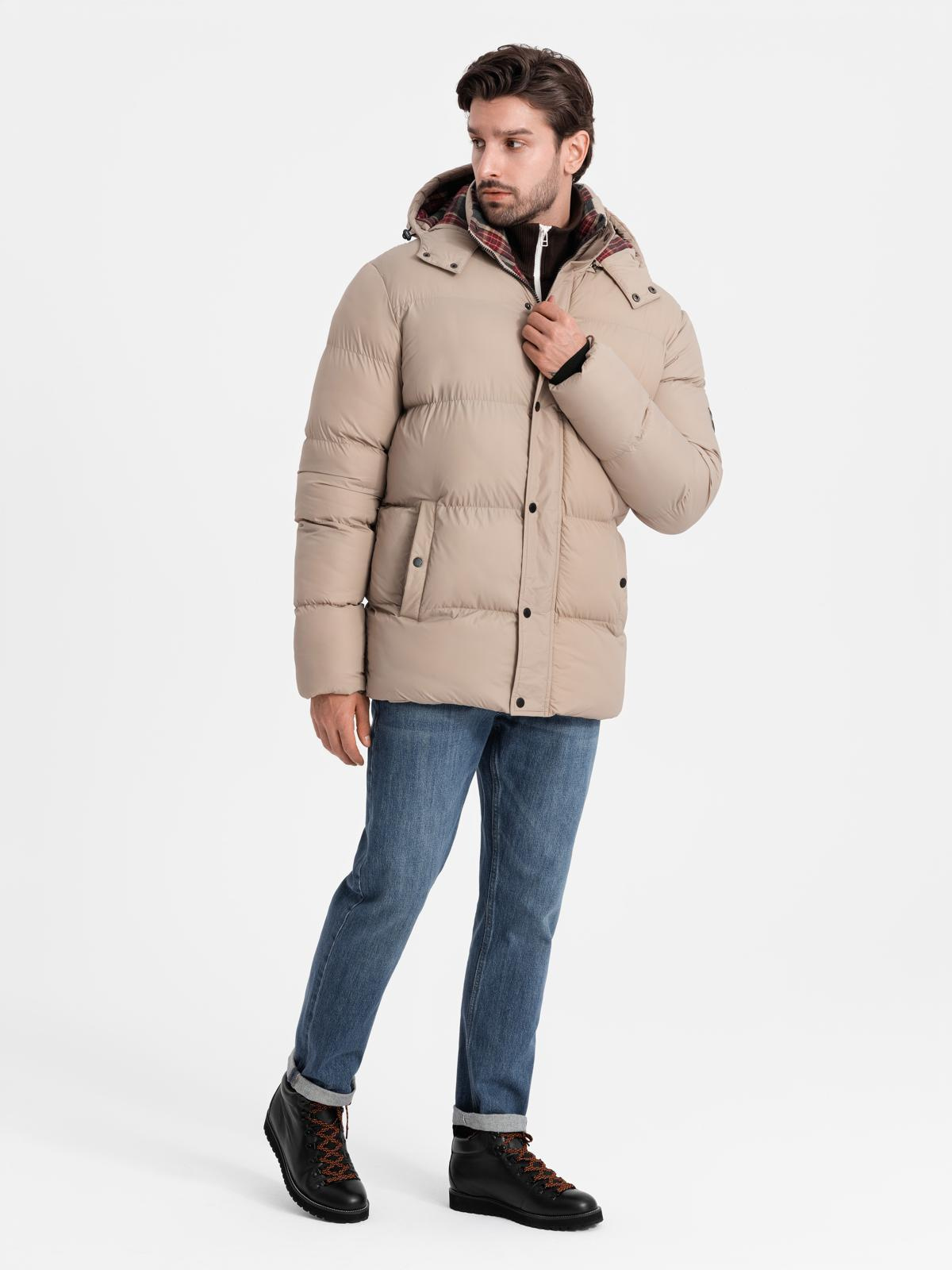 Ombre Men's puffer jacket with check lining - beige