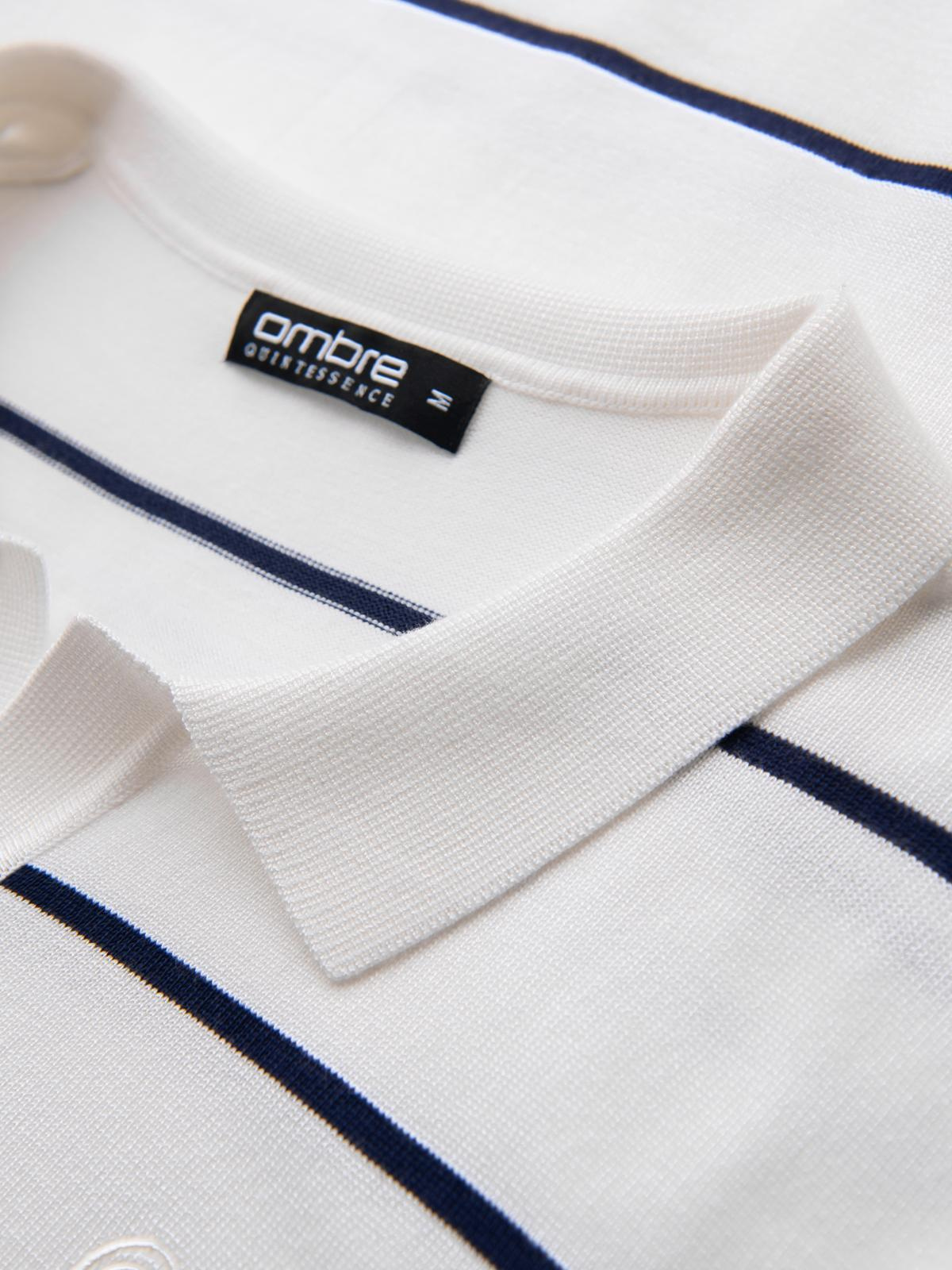 Ombre Men's horizontal striped polo longsleeve with viscose - white and navy blue
