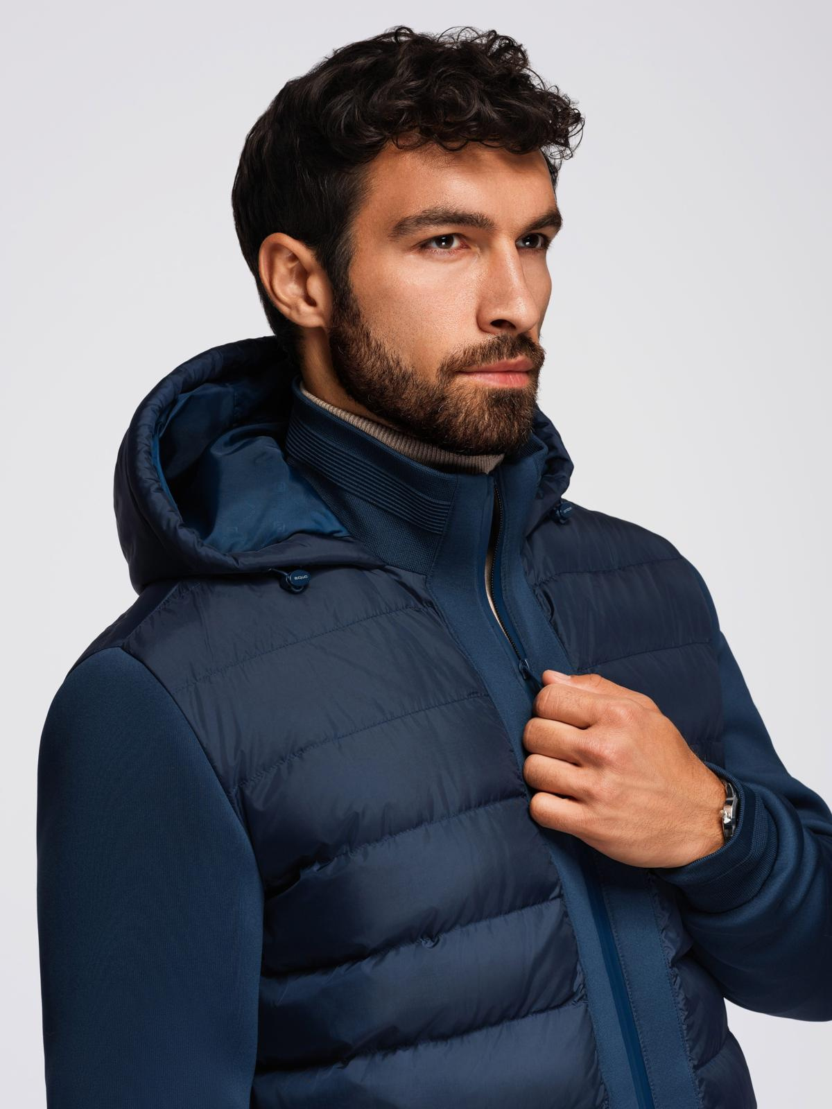 Ombre Quilted bomber jacket with hood and knitted sleeves - navy blue
