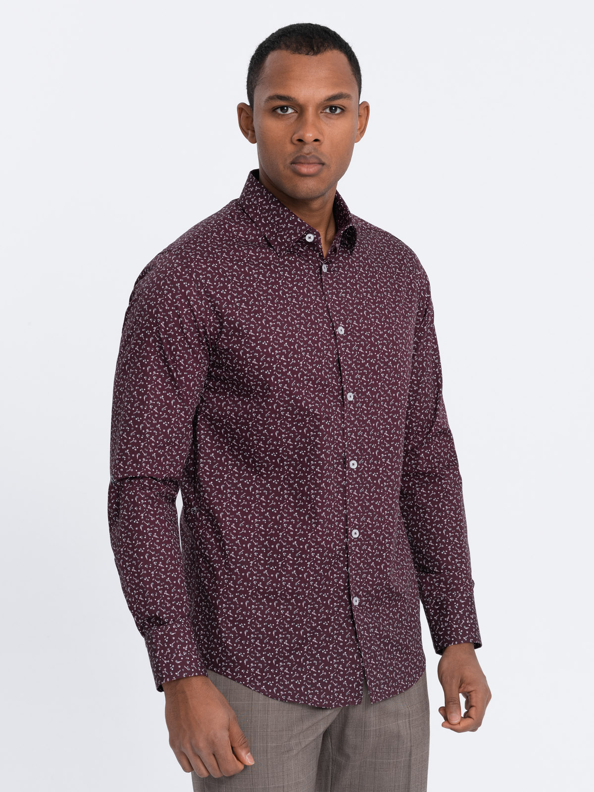 Levně Ombre Men's cotton patterned SLIM FIT shirt - maroon