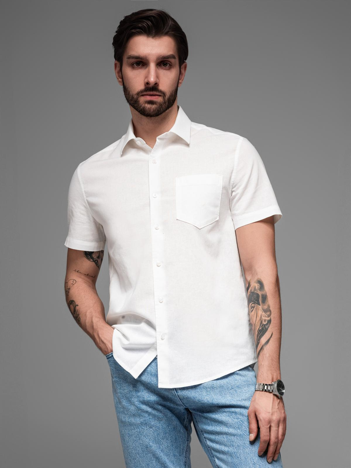 Ombre Men&#039;s short-sleeved linen-cotton shirt with pocket - broken white