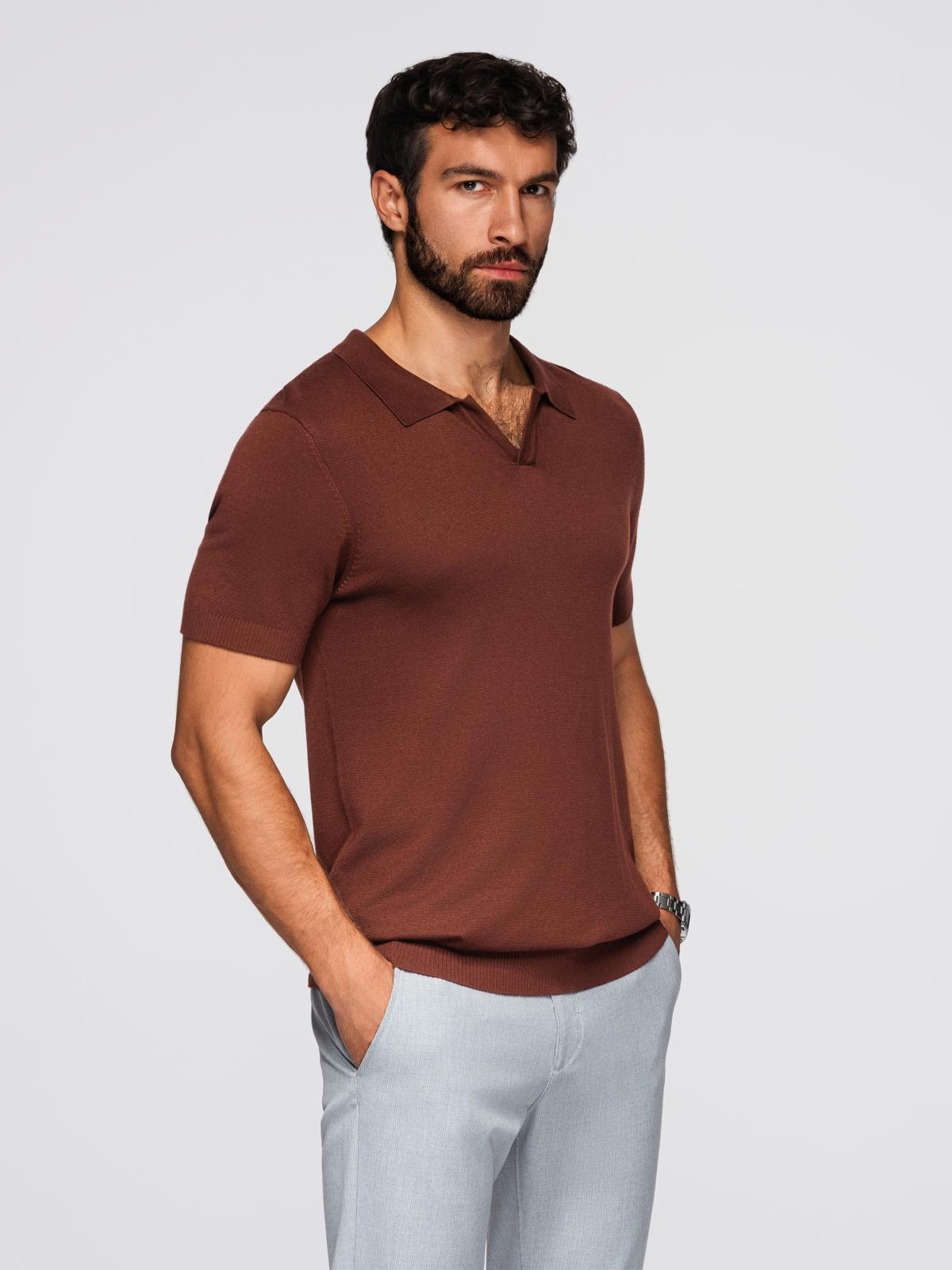 Ombre Men's buttonless polo shirt with classic weave - dark brown