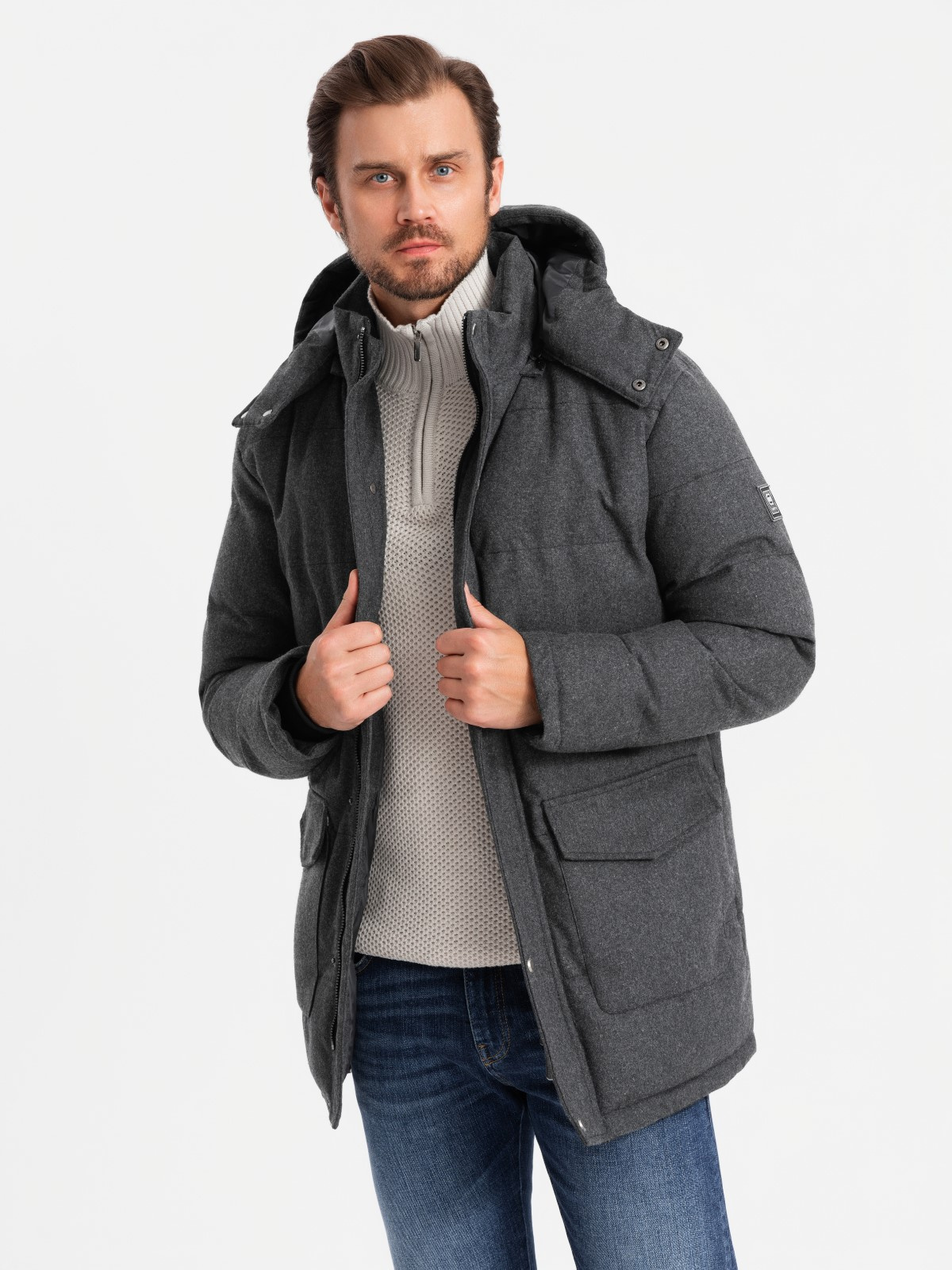 Ombre Men&#039;s long warm parka jacket with wool - black melange