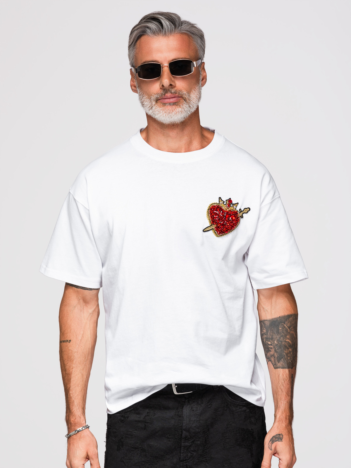 Ombre Men's cotton t-shirt with jewelry applique on chest - off white