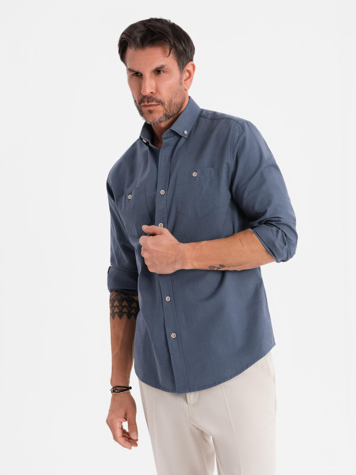 Ombre Men&#039;s linen shirt with classic collar and pockets REGULAR FIT - blue