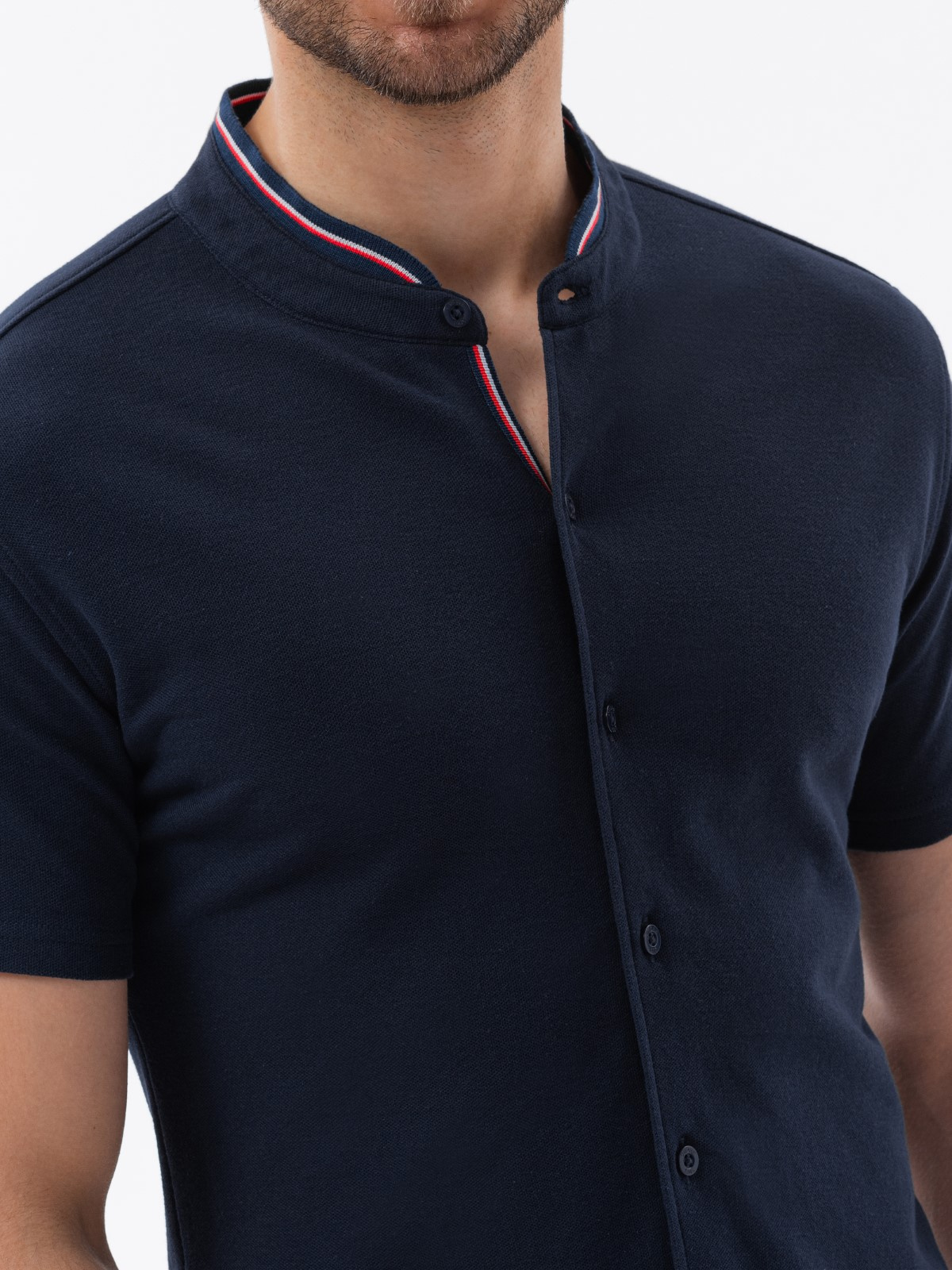 Ombre Men's knitted shirt with short sleeves and collared collar - navy blue