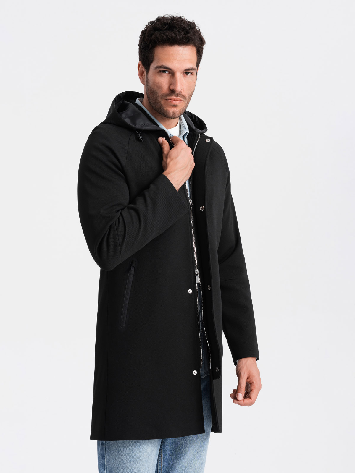 Levně Ombre Men's hooded coat in fine pinstripe - black