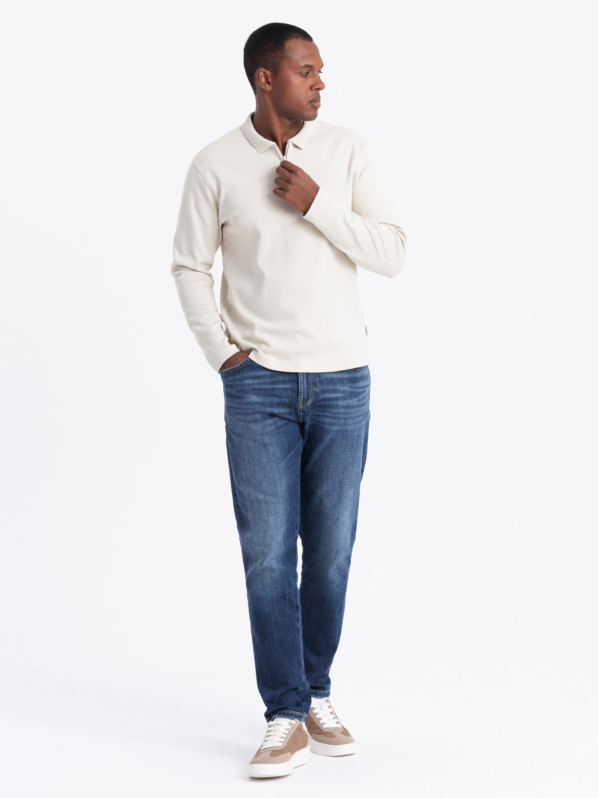 Ombre Men&#039;s polo longsleeve with zippered collar - cream