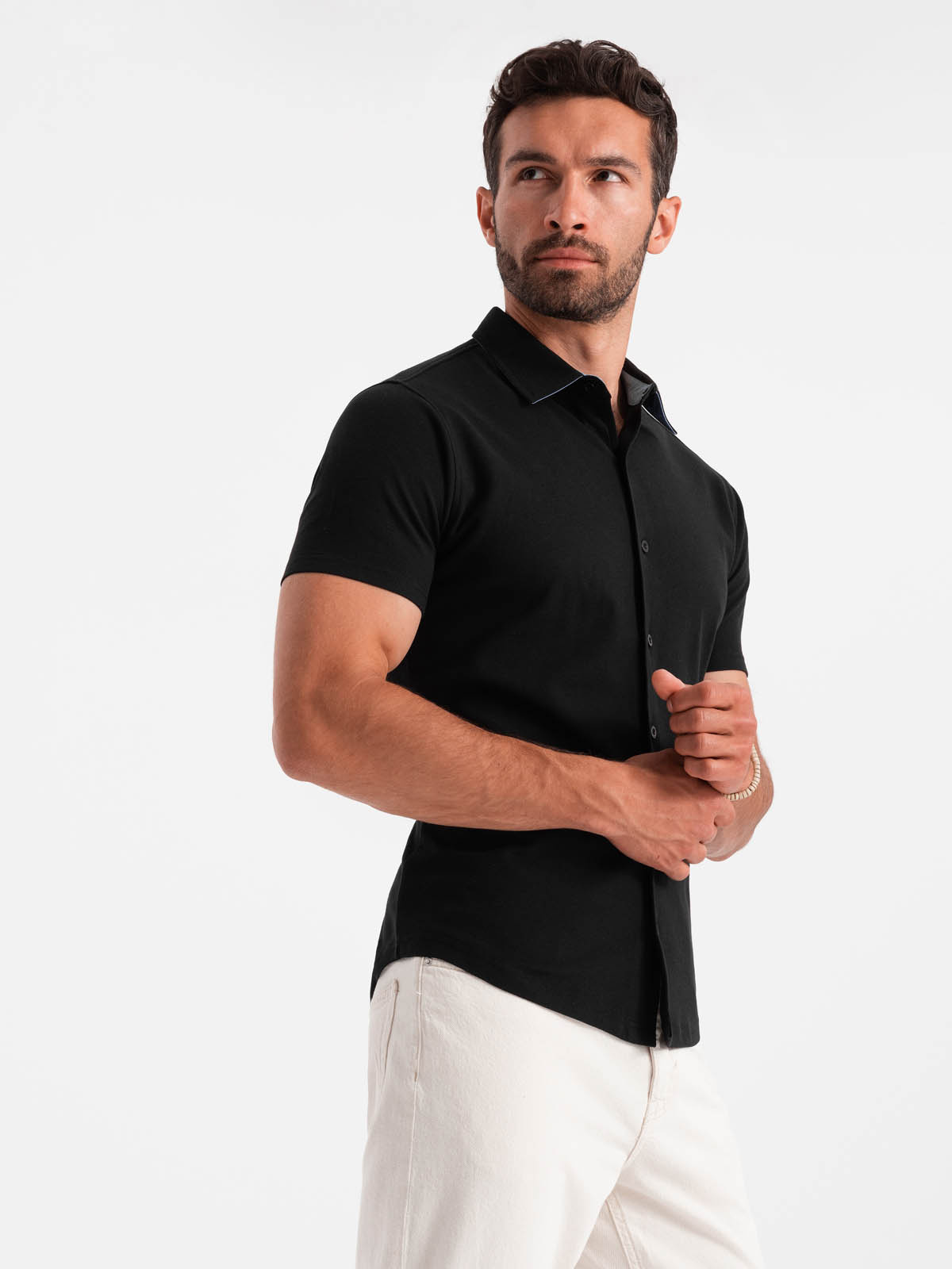 Ombre Men's knitted slim fit shirt with short sleeves and collar - black
