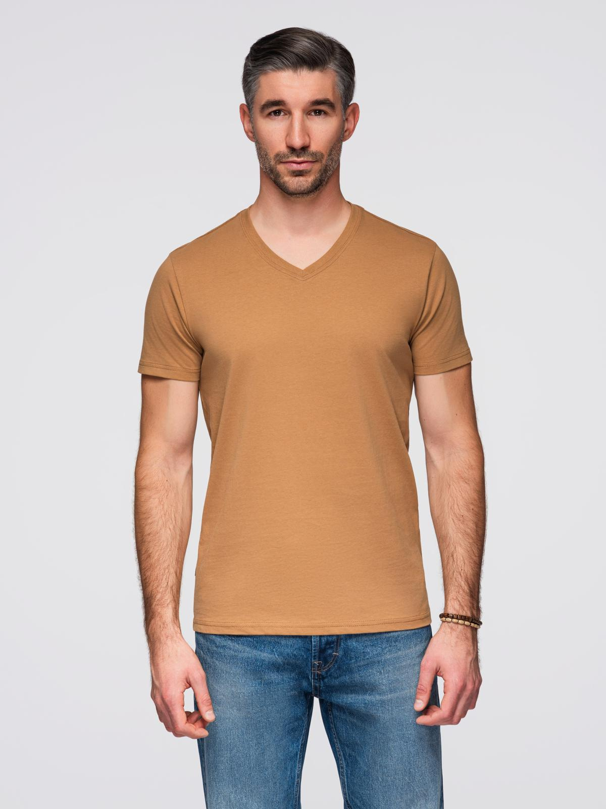 Ombre Men's BASIC classic cotton T-shirt with a v-neck - brown
