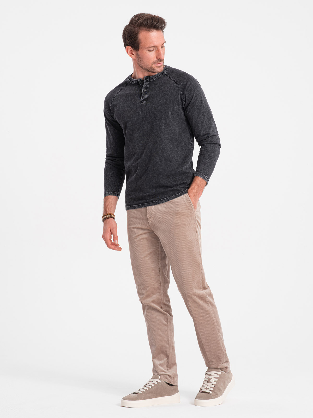 Ombre Men&#039;s wash henley longsleeve with raglan sleeves - black