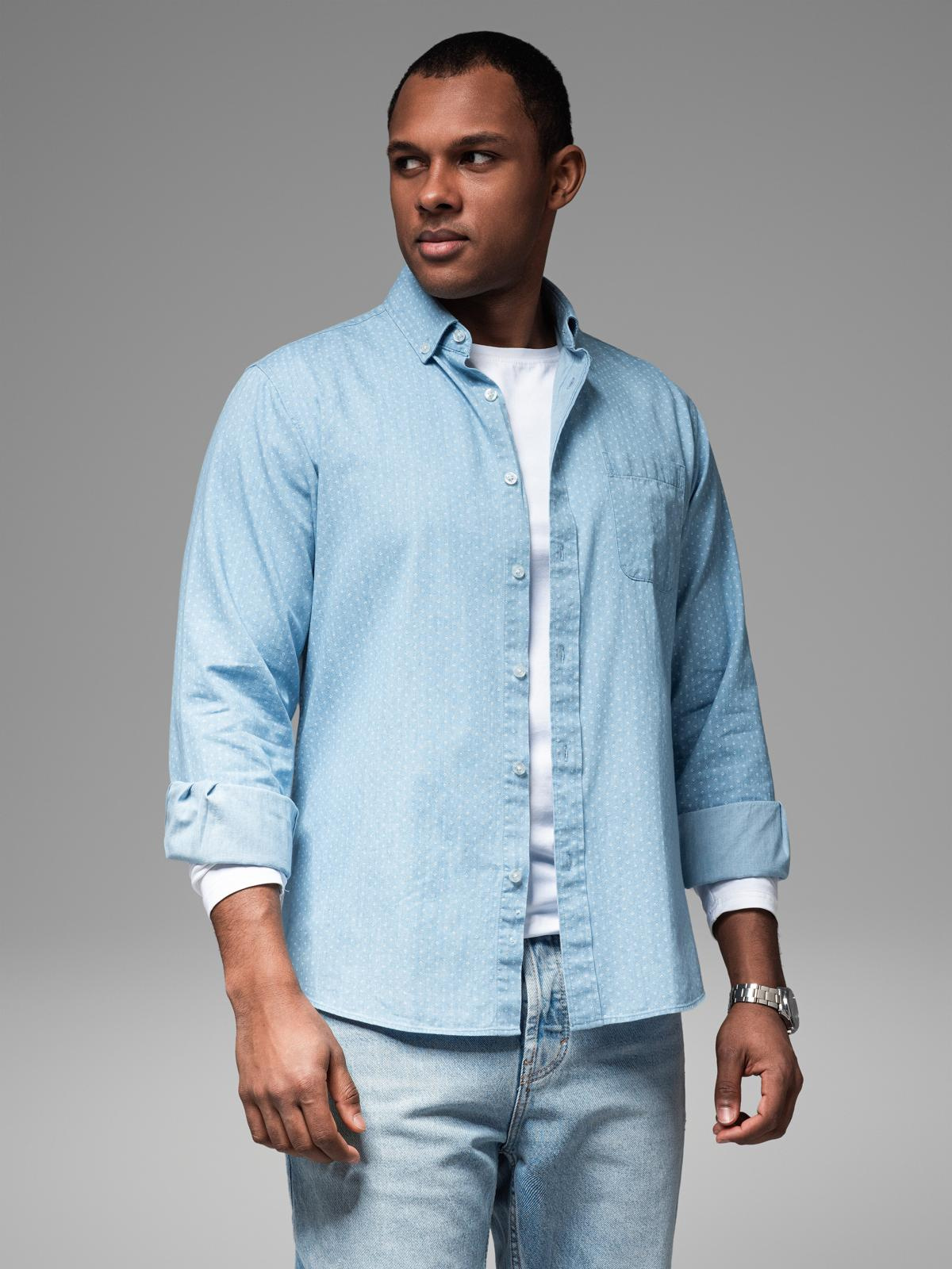 Ombre Men&#039;s patterned thin denim shirt with pocket - light blue