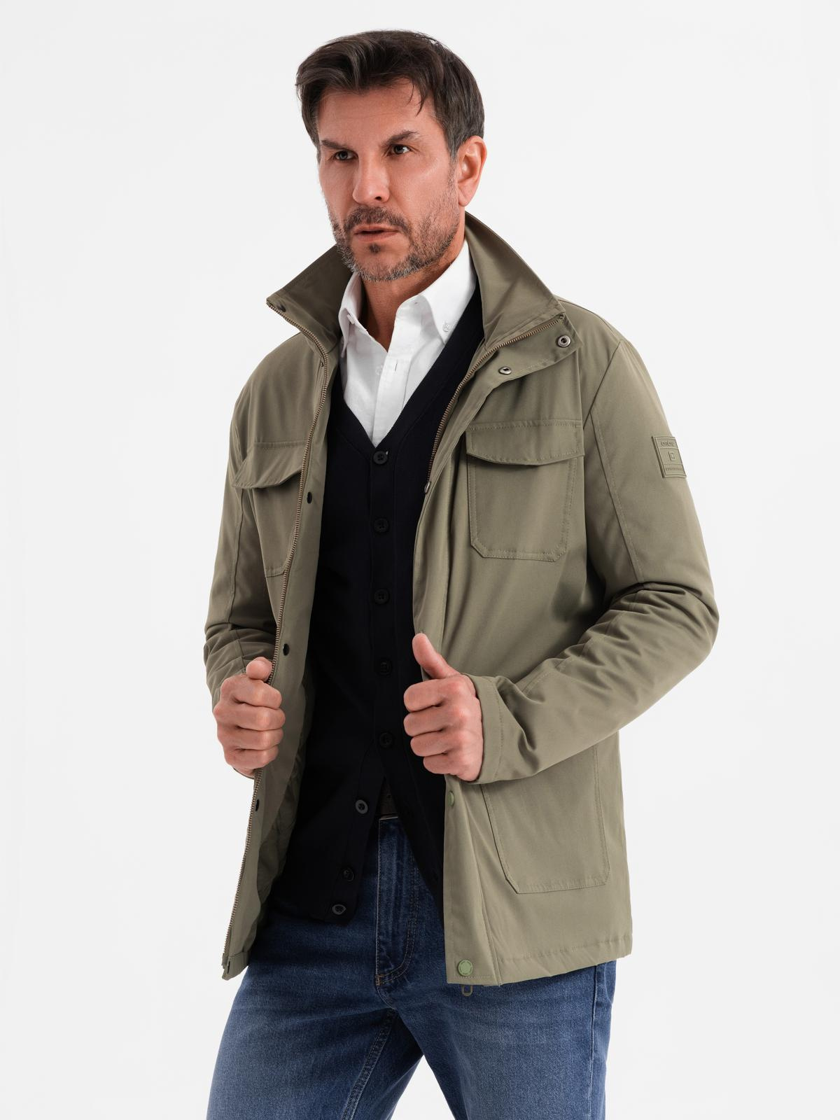 Ombre Men&#039;s lightweight jacket with pockets and high collar - khaki
