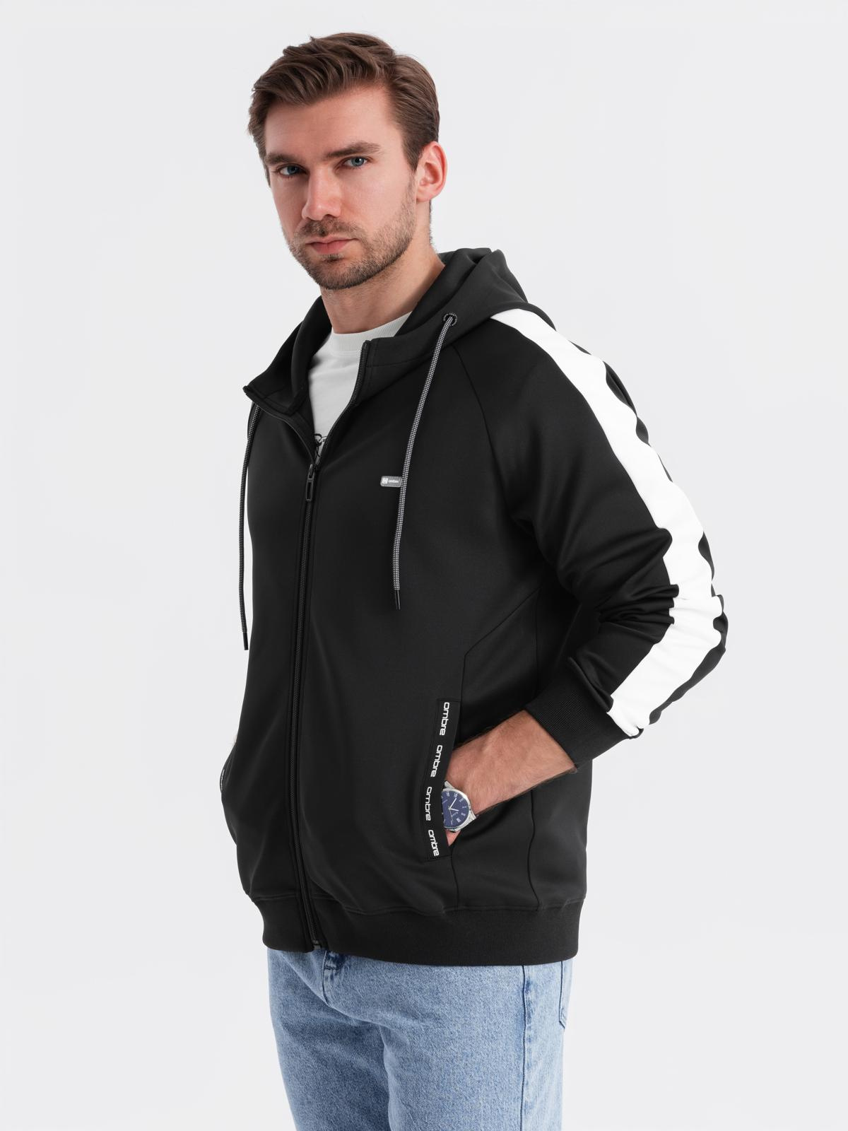 Ombre Men&#039;s unbuttoned hooded sweatshirt with piping - black