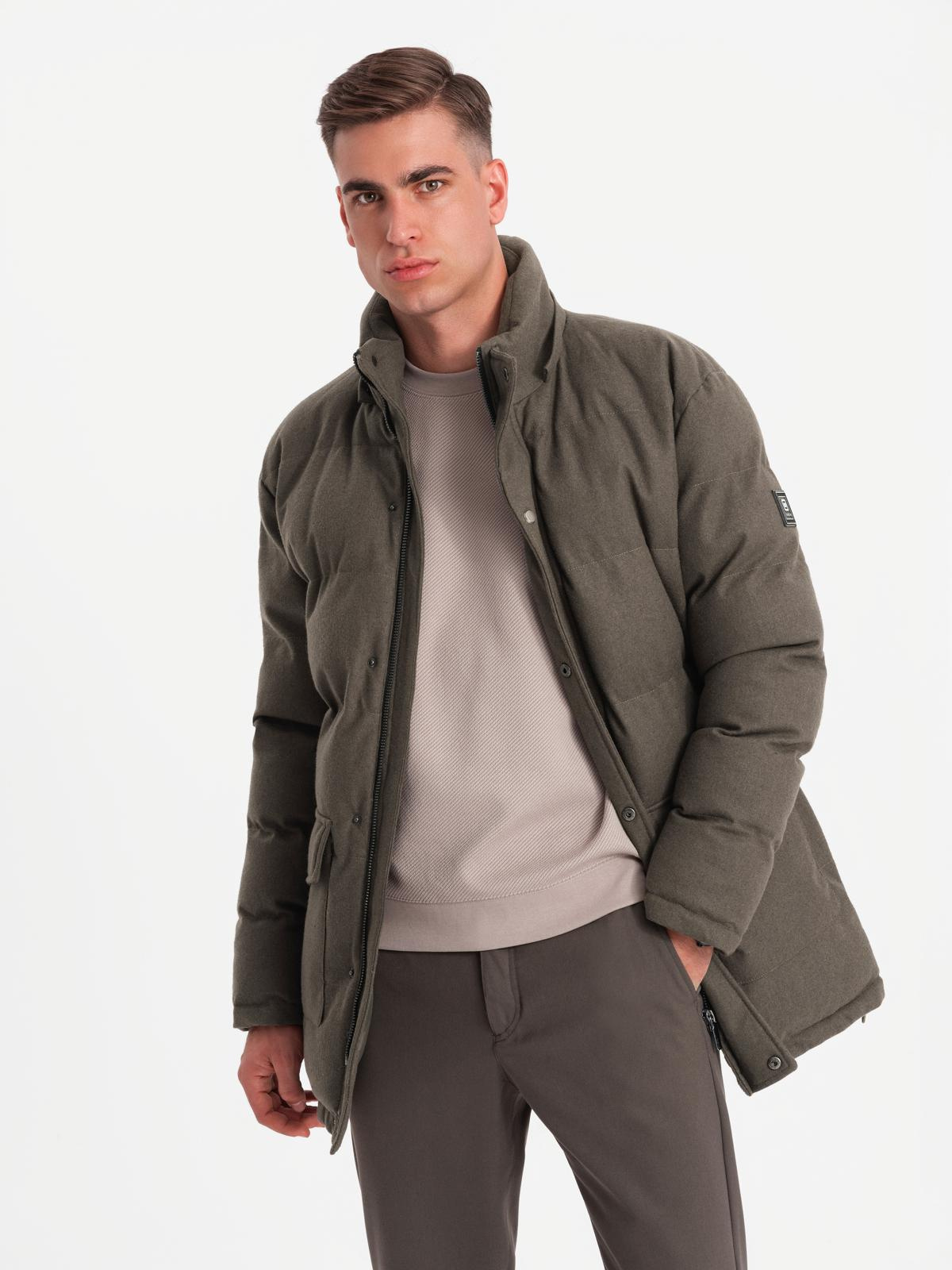 Ombre Men&#039;s long warm parka jacket with wool - dark grey melange