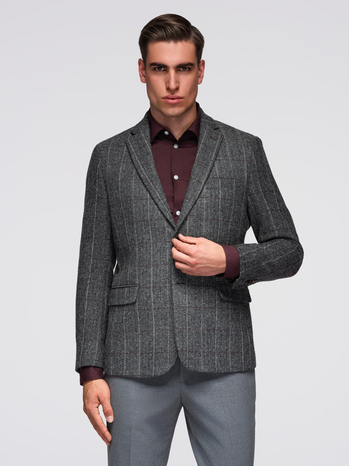 Ombre Elegant men&#039;s plaid blazer with wool blend - grey