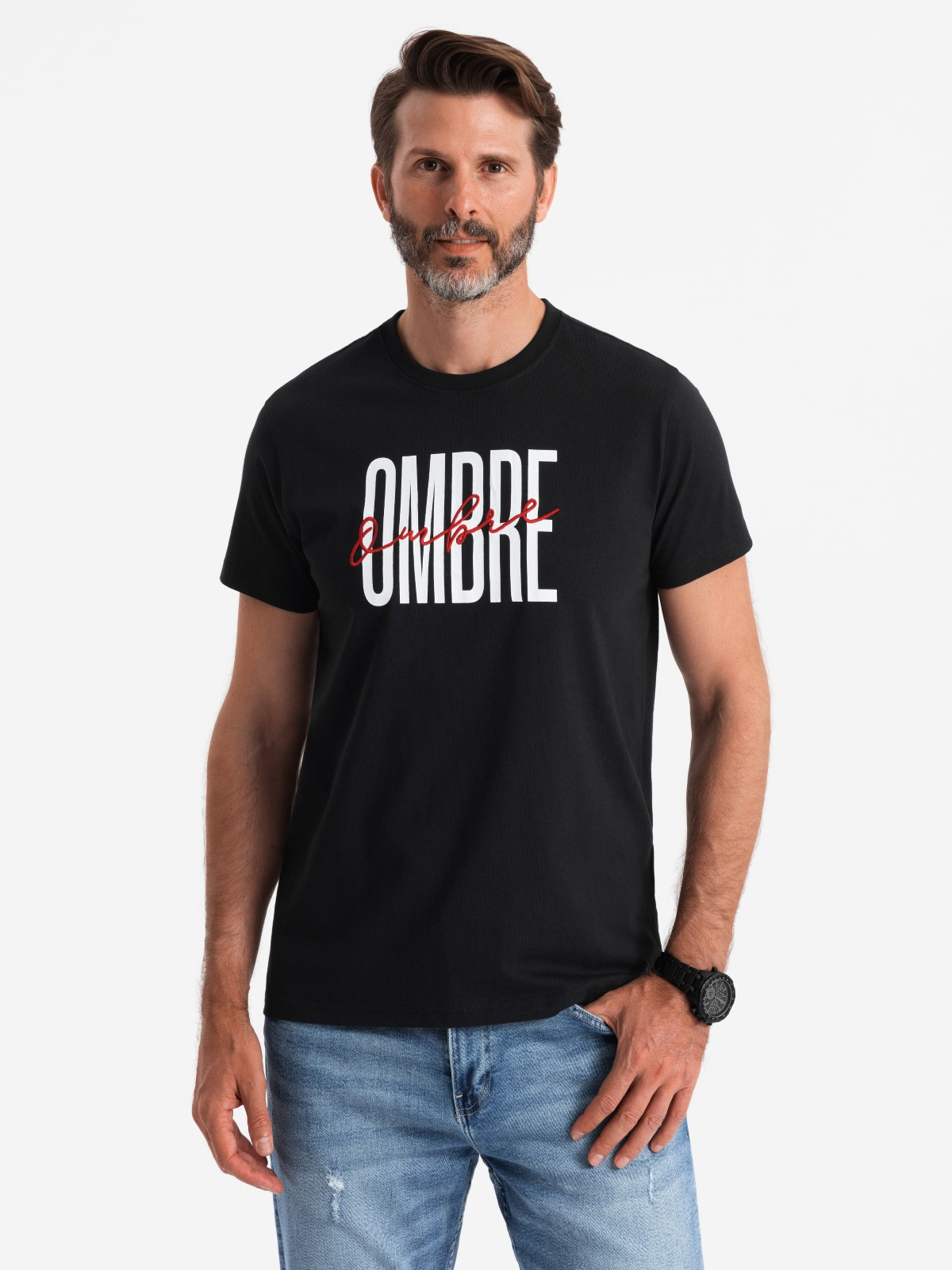 Ombre Men's cotton t-shirt with double logo - black