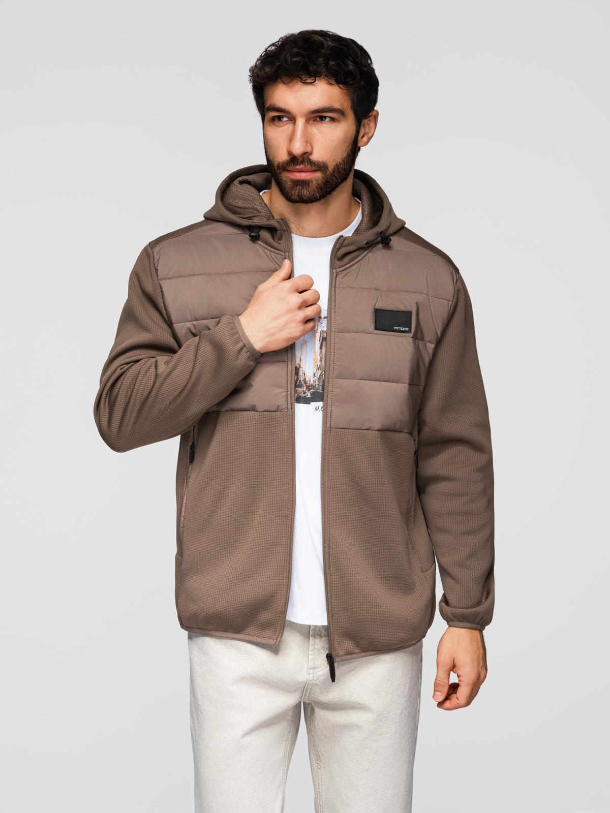 Ombre Men's lightweight jacket of combined materials with hood and decorative quilting - light brown