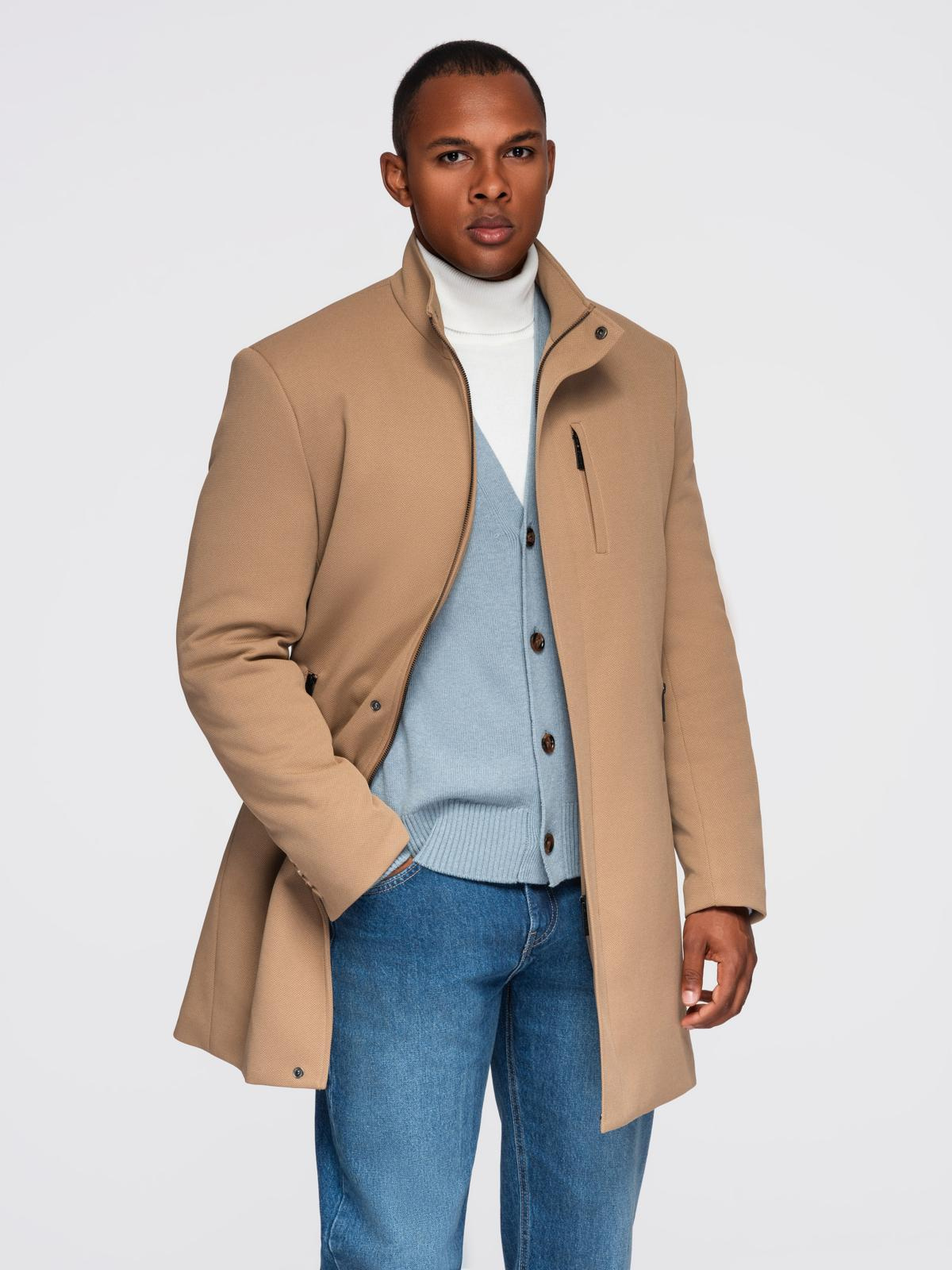 Ombre Structured fitted coat for men with high collar - light brown