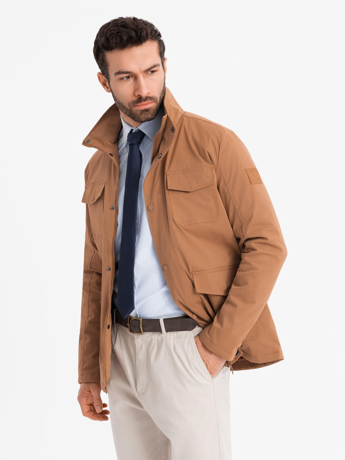 Ombre Men&#039;s lightweight jacket with pockets and high collar - brown