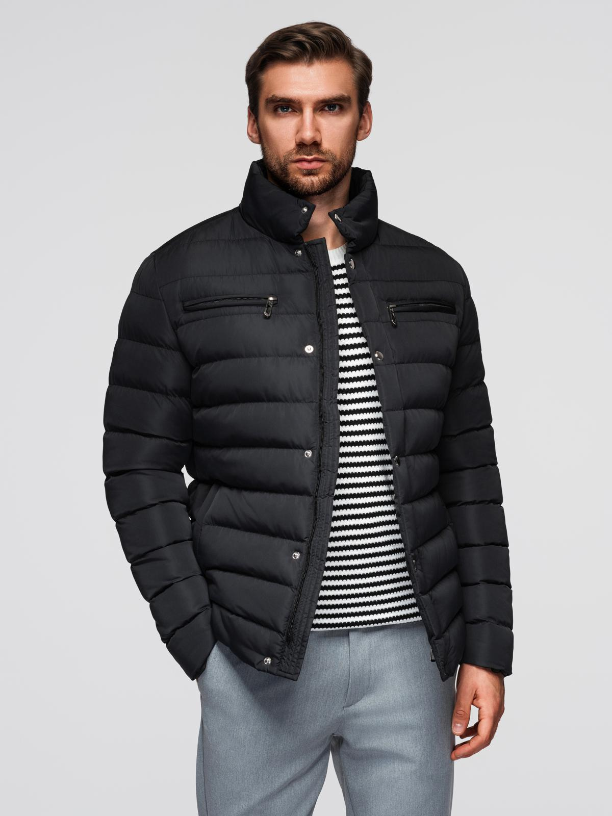 Ombre Mens quilted jacket with stand-up collar and chest zips - black