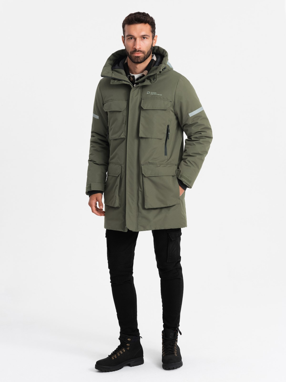 Ombre Men's insulated long jacket with reflective elements - olive